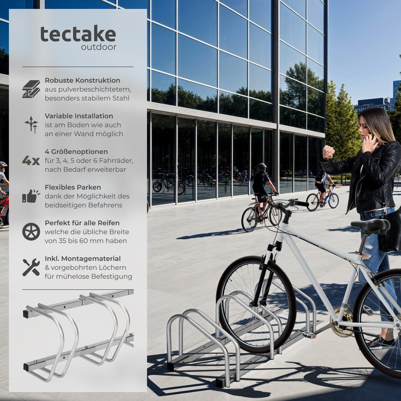 tectake Fahrradständer Fahrradhalter aus rostfreiem Stahl für Reifenbreiten von 35 - 60 mm, Boden- und Wandmontage, von beiden Seiten befahrbar