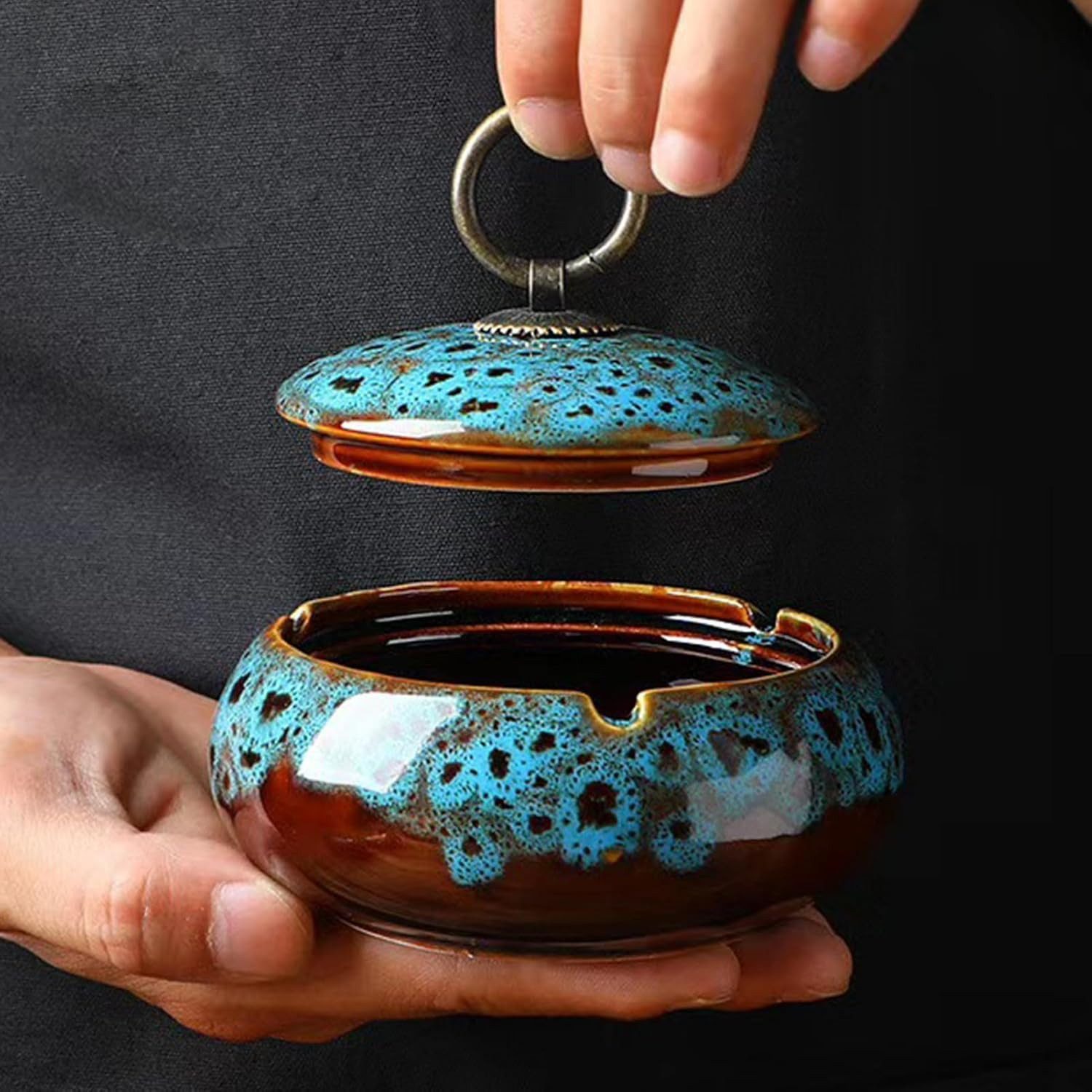 COOL-i ® Aschenbecher, Vintage-Keramik Aschenbecher mit Deckel, drinnen und draußen