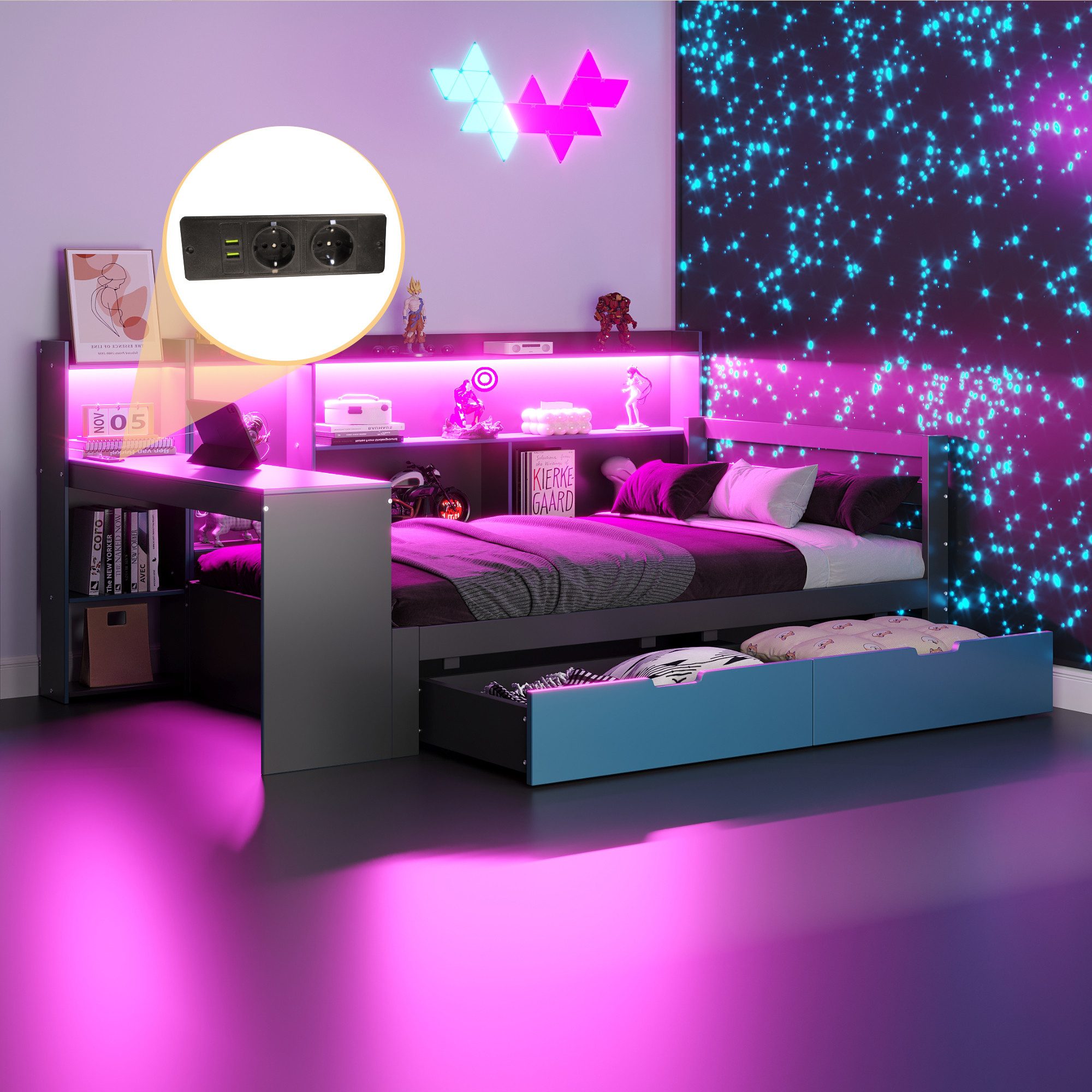 OKWISH Schlafsofa Kinderbett Funktionsbett, mit Schubladen, integriertem Schreibtisch, Regalen, Staufächern, Beleuchtung und Steckdosen 90x200 cm, ohne Matratze