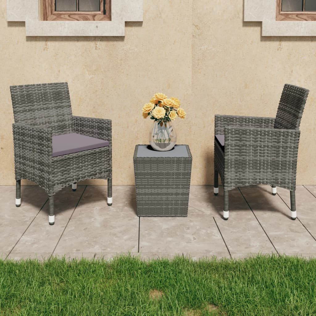 vidaXL Gartenlounge-Set 3-tlg. Bistro-Set Poly Rattan und Hartglas Grau, (1-tlg)