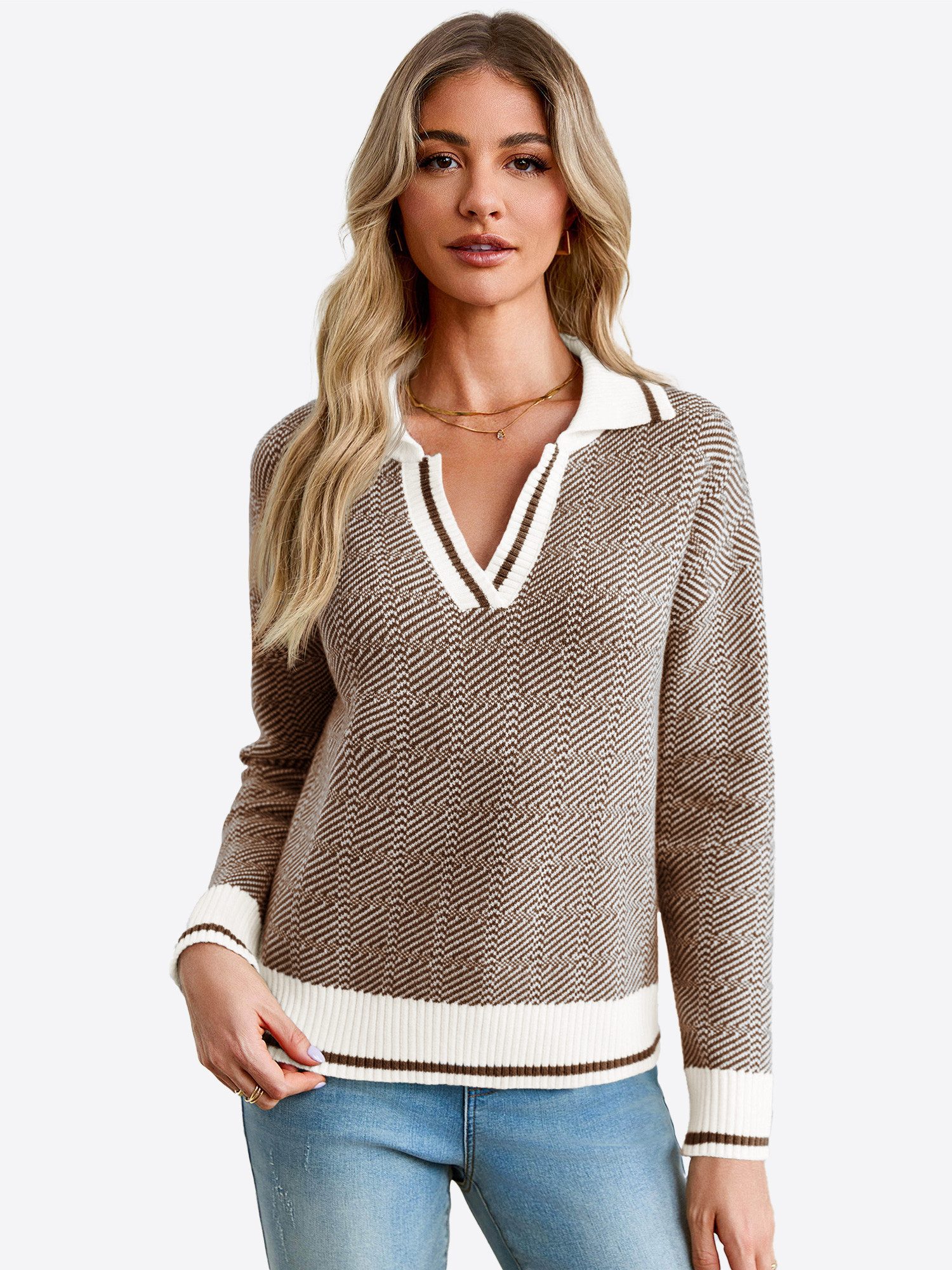 Imily Bela Sweater Lässiger Damen-Strickpullover mit V-Ausschnitt (Packung, 1-tlg., 1per-Pack) Farbblock