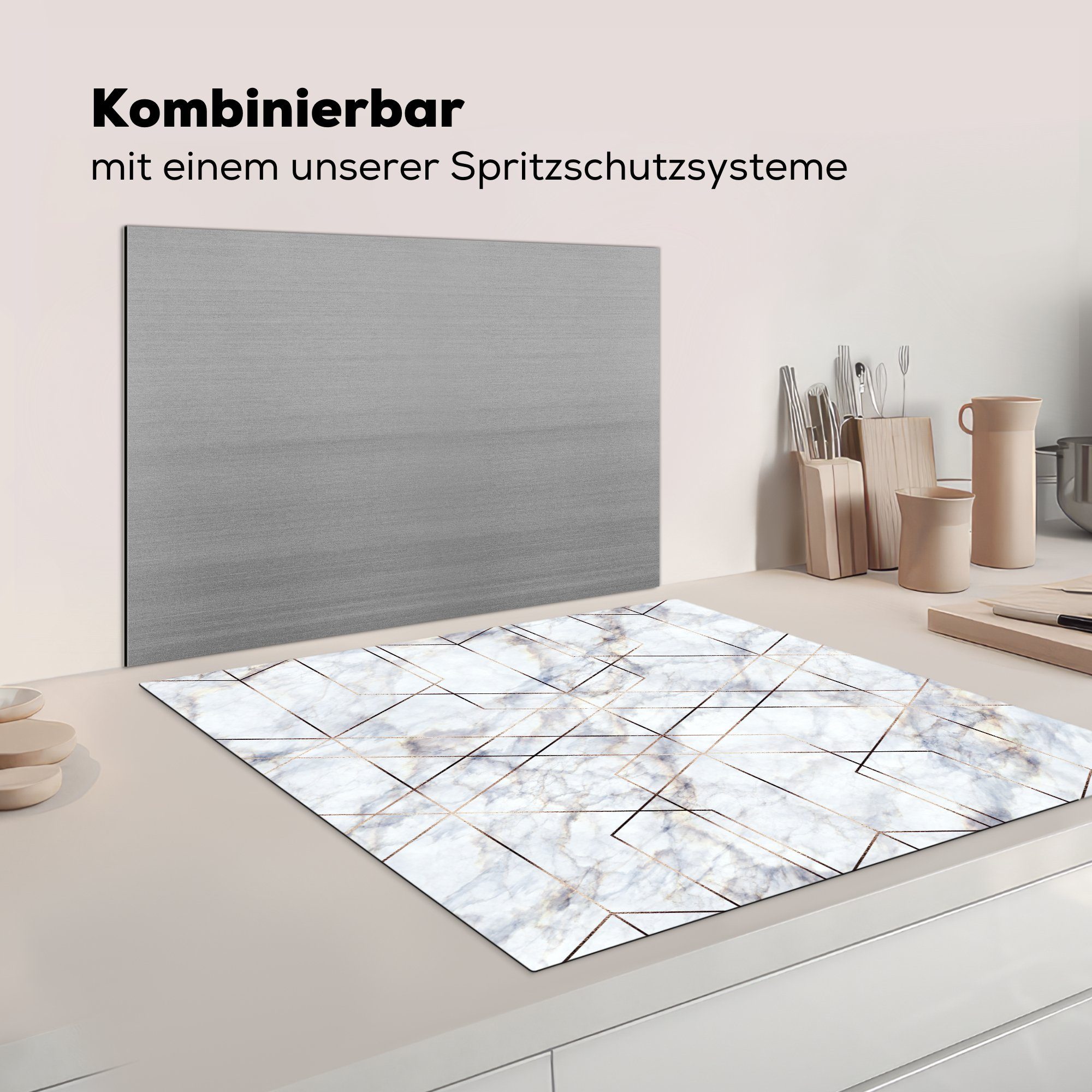 Arbeitsplatte Marmor für Ceranfeldabdeckung, (1 Vinyl, 78x78 - Weiß, Herdblende-/Abdeckplatte - cm, Gold MuchoWow küche tlg),