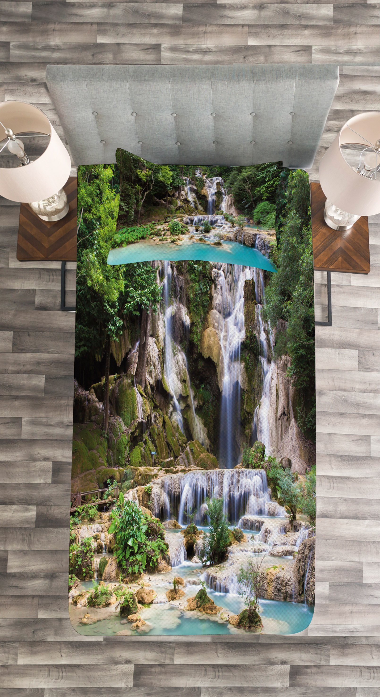 Tagesdecke Set See Vietnamesisch Kissenbezügen Laos Wasserfall Abakuhaus, mit Waschbar