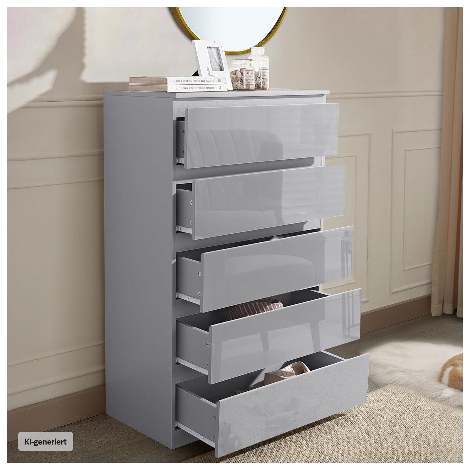 HTI-Living Kommode Kommode Kenji 5 Schubladen Hochglanz Grau (Stück, 1 St., 1 Kommode), Sideboard