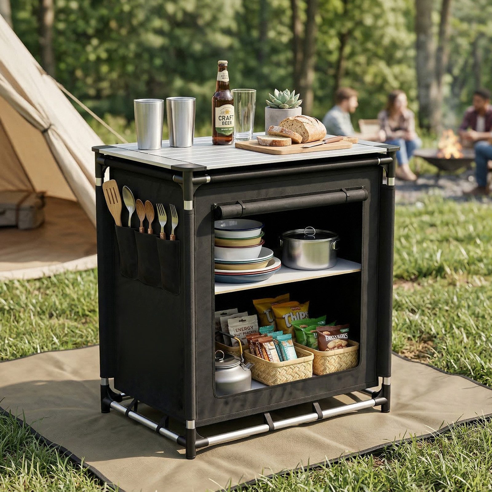 Sekey Campingschrank Faltbar Campingküche mit Aluminiumgestell und Aluminium-Arbeitsplatte Campingtisch mit 2 Fächern, leicht transportierbarer Reiseküche