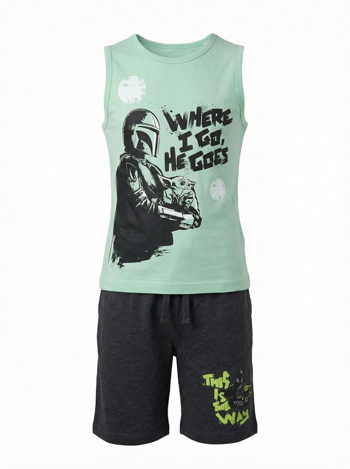 Disney Schlafanzug Star Wars Mandalorian Yoda Jungen Schlafanzug Pyjama Shirt Shorts (2 tlg) Gr. 140 bis 164