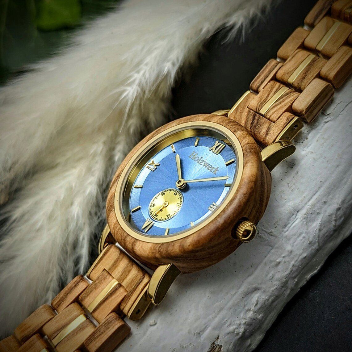hell in Quarzuhr Holzwerk Armband BRANDIS & Damen Holz Uhr beige, blau gold ahorn kleine