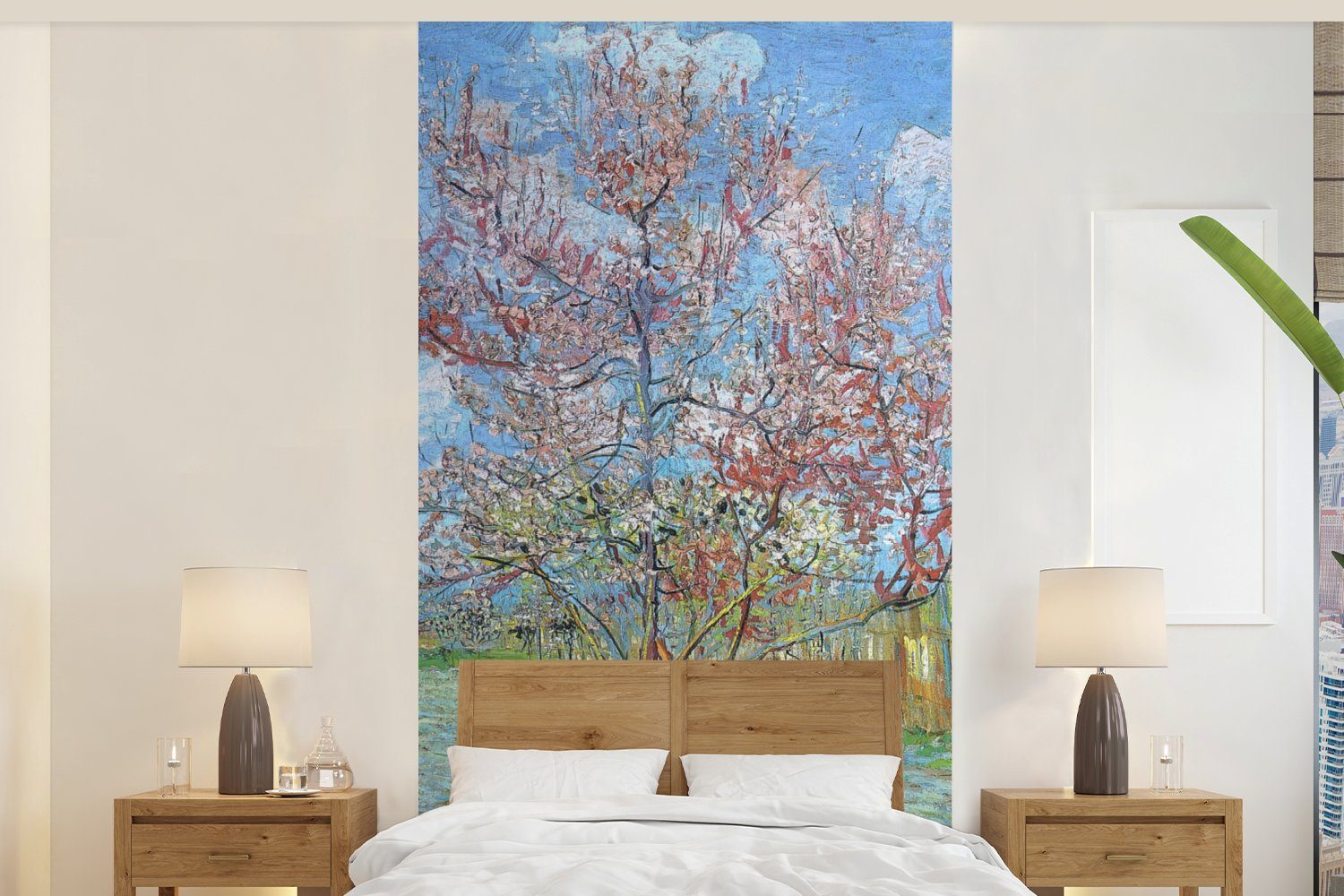 MuchoWow Fototapete Der rosa Pfirsichbaum - Vincent van Gogh, Matt, bedruckt, (2 St), Vliestapete für Wohnzimmer Schlafzimmer Küche, Fototapete