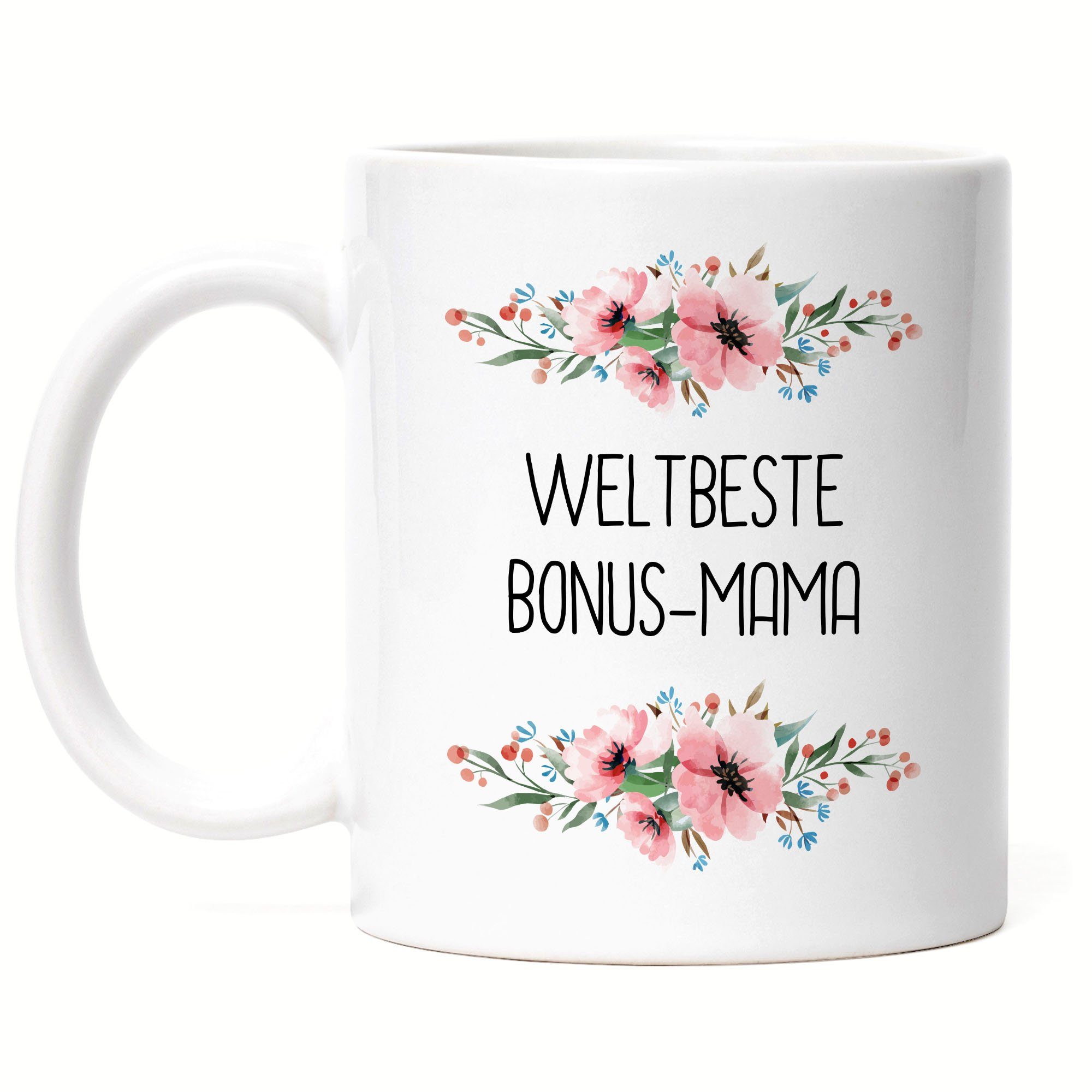 Hey!Print Tasse Weltbeste Bonus-Mama Tasse Mutterliebe Blumenmotiv Geschenkidee Muttertag Geburtstag, Keramik Weiß