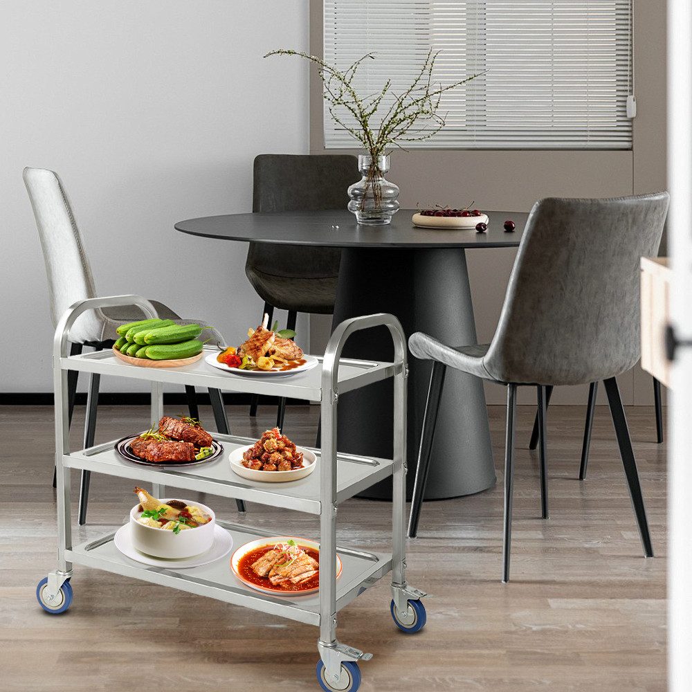 JEOBEST Küchenwagen Catering Servierwagen 3 Böden Edelstahlwagen mit Bremse Rädern, (Rollwagen, Rammschutz, vibrationsarme Schwenkrollen) Edelstahl – Bild 5 von 5