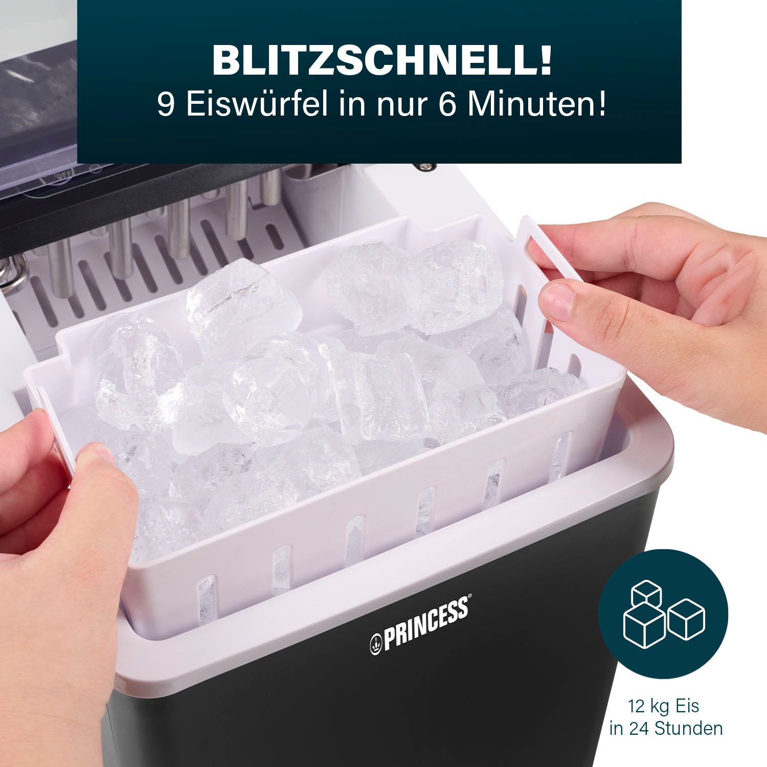 PRINCESS Eiswürfelmaschine 283098, XXL - 1,75 L - 9 Eiswürfel in 6 Min. - Selbstreinigung