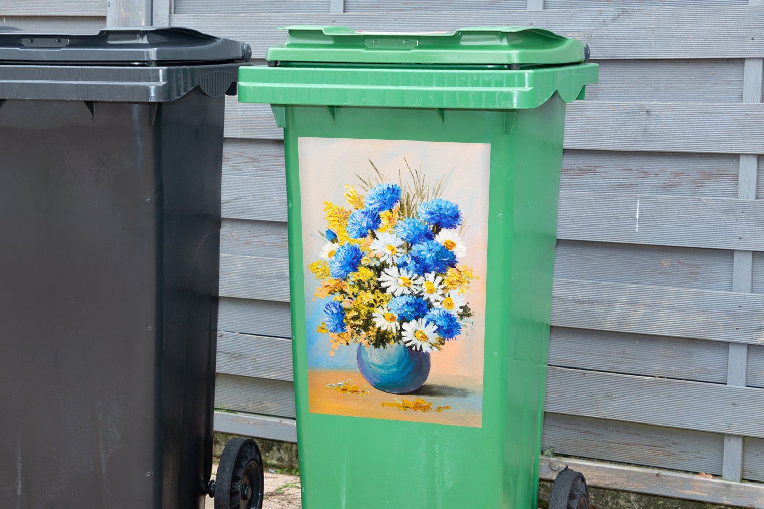 MuchoWow Wandsticker Sommerblumen - (1 Ölfarben Mülltonne, St), Sticker, Mülleimer-aufkleber, Abfalbehälter Container