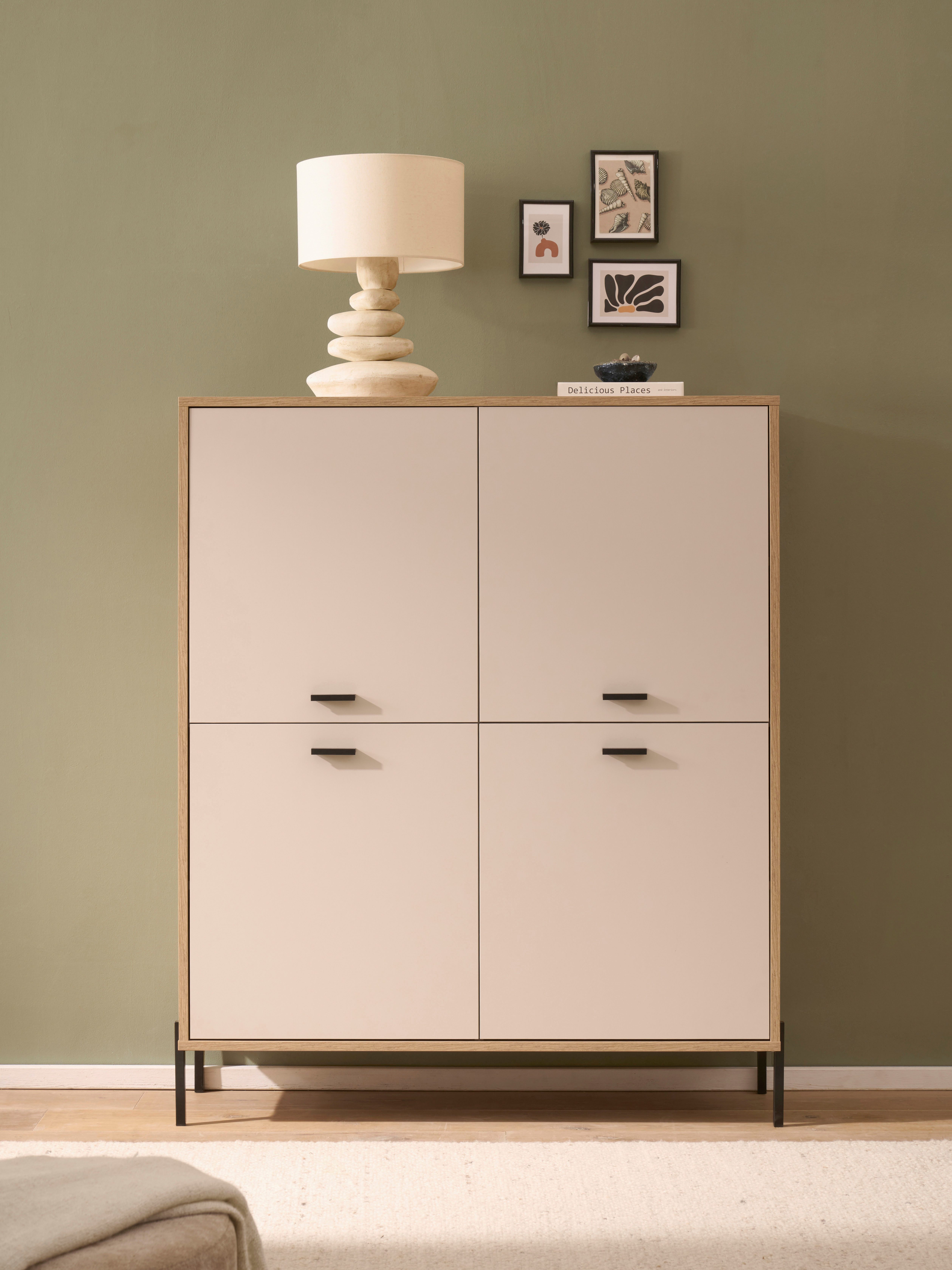 Home affaire Highboard Fredericia, Hochkommode, modernder Stauraum in Kaschmir, zeitlos, schwarze Metallgriffe und -füße, ausreichend Stauraum