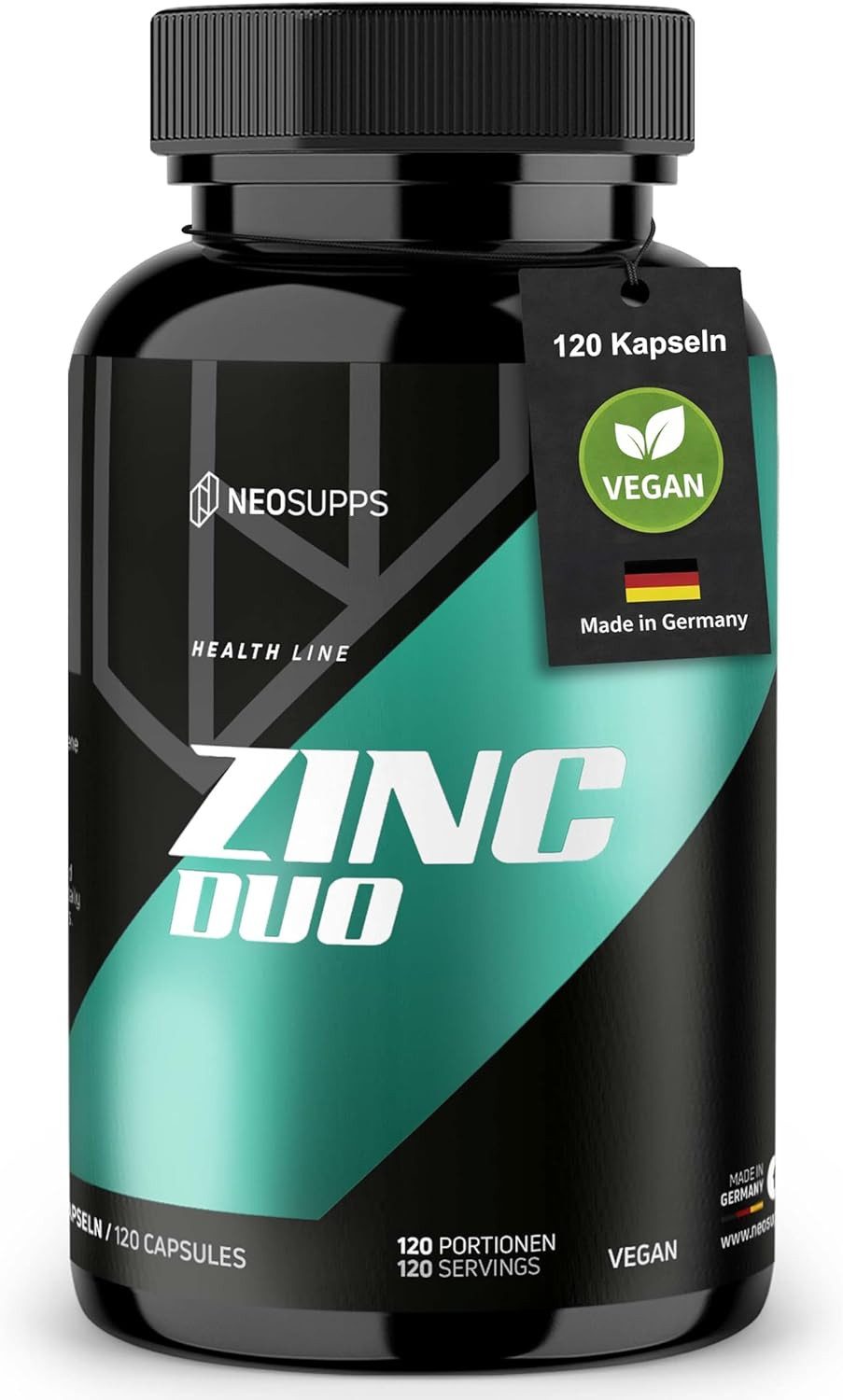 Neosupps Zink Duo, hochdosiertes 25mg Zink Citrat & Bisglycinat Tagesdosis, 120 Kapseln, Immunsystem, Haut, Haare, Nägel & Testosteronspiegel, 4 Monate Vorrat