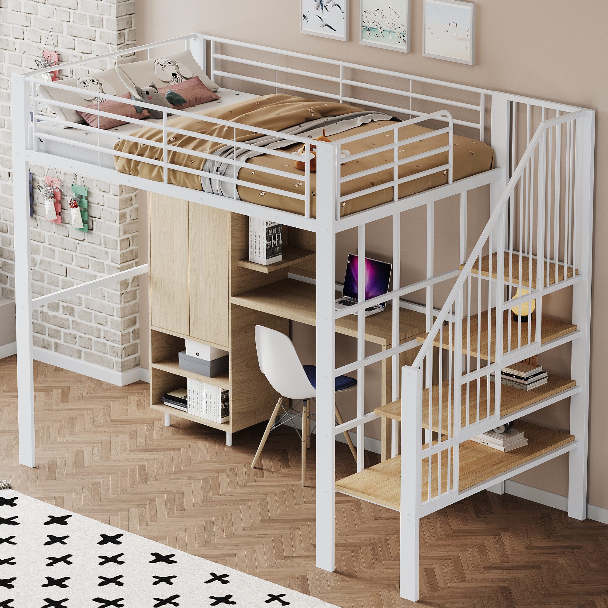 Merax Hochbett (1-St., Jugendbett Einzelbett Eisenbett) Metallbett Kinderbett 140x200cm mit Stauraum, Treppe & Sicherheitszaun