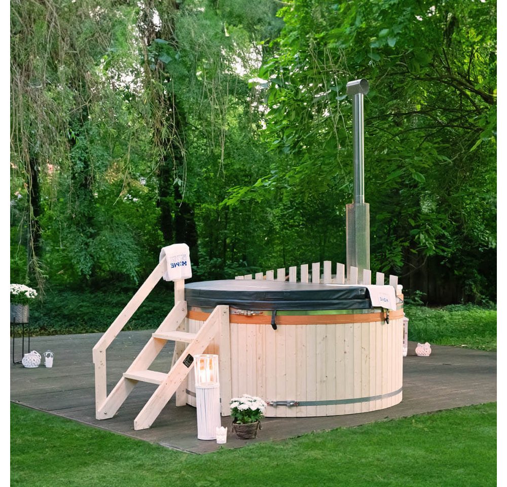 HOME DELUXE Badebottich Hot Tub / holzbefeuertes Badefass (210cm), SKANDI L, 1800 l, für 4 Personen, integrierter Holzofen, Treppe und Abdeckung inklusive