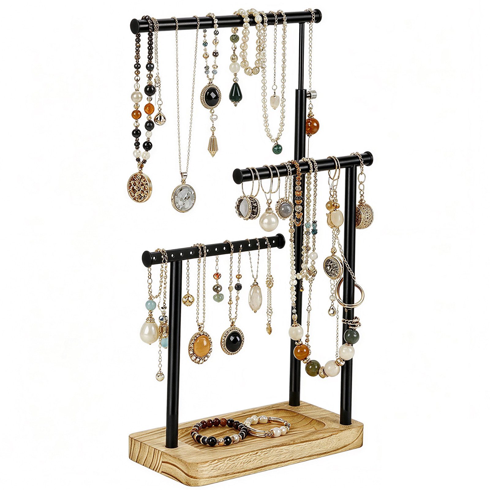BlingBin Schmuckständer Holz Schmuckhalter Kettenhalter 3 Stäbe Drehbar (1er Set, 1 St., Ausziehbarer Halskettenhalter aus Metall mit Holzsockel), für Ohrringe, Armbänder, Ringe, Raumdekoration
