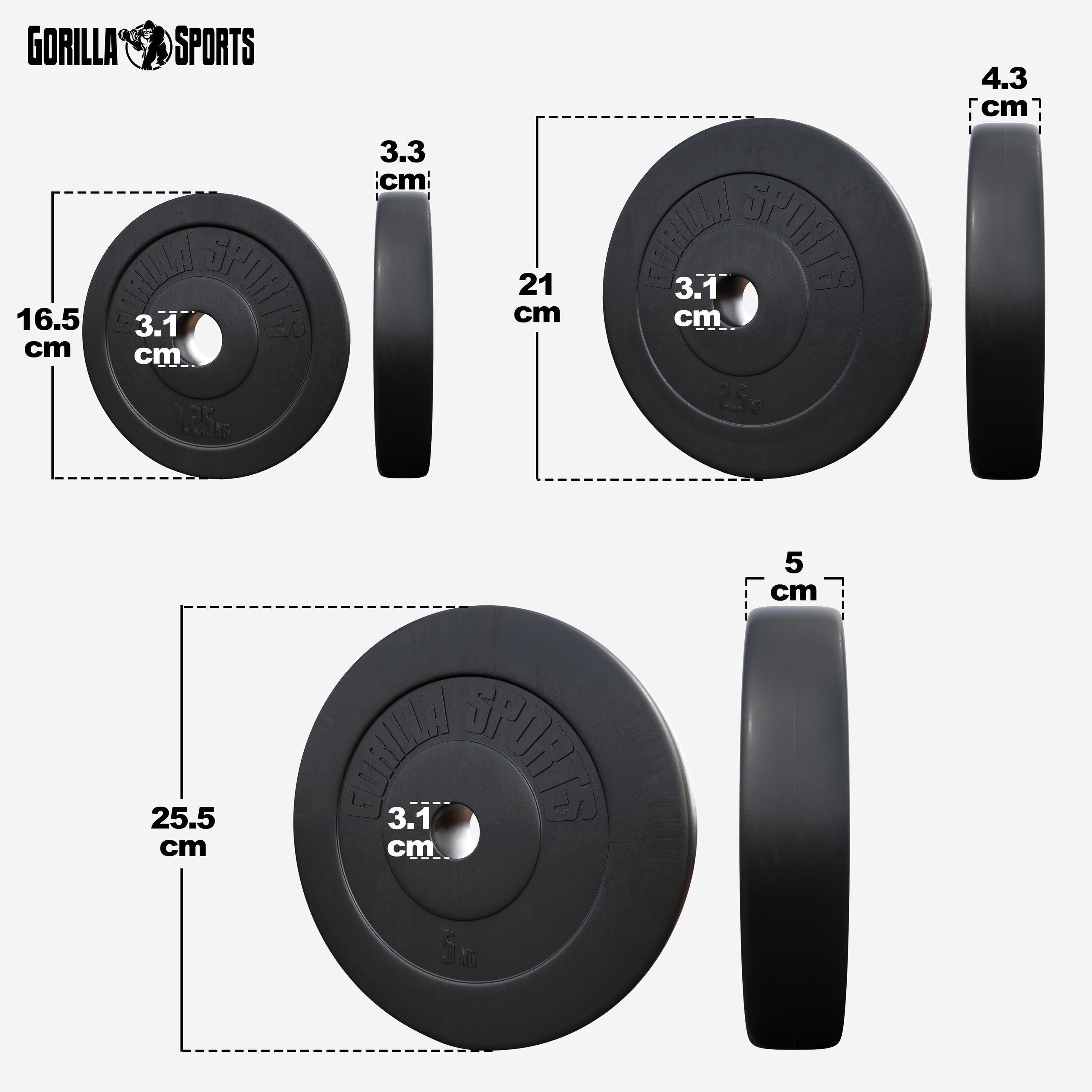 GORILLA SPORTS Hantelscheibe Hantelscheibe 30/31 mm Kunststoff 1,25-15 KG, 27.5 kg, (8-tlg)
