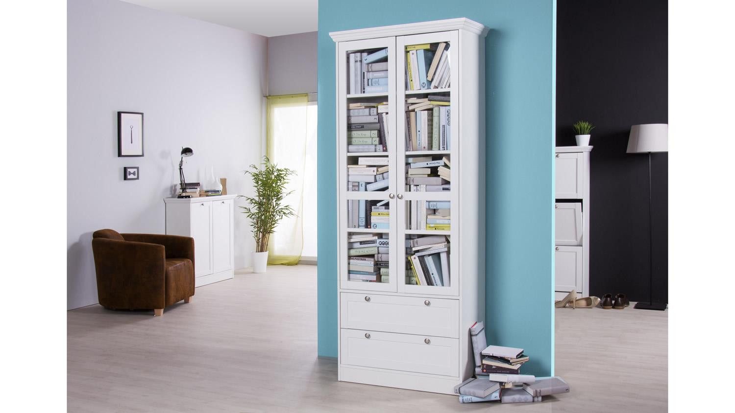 Finori Vitrine Vitrine Landwood weiß mit 2 Schubkästen Landhausstil 80x200 cm