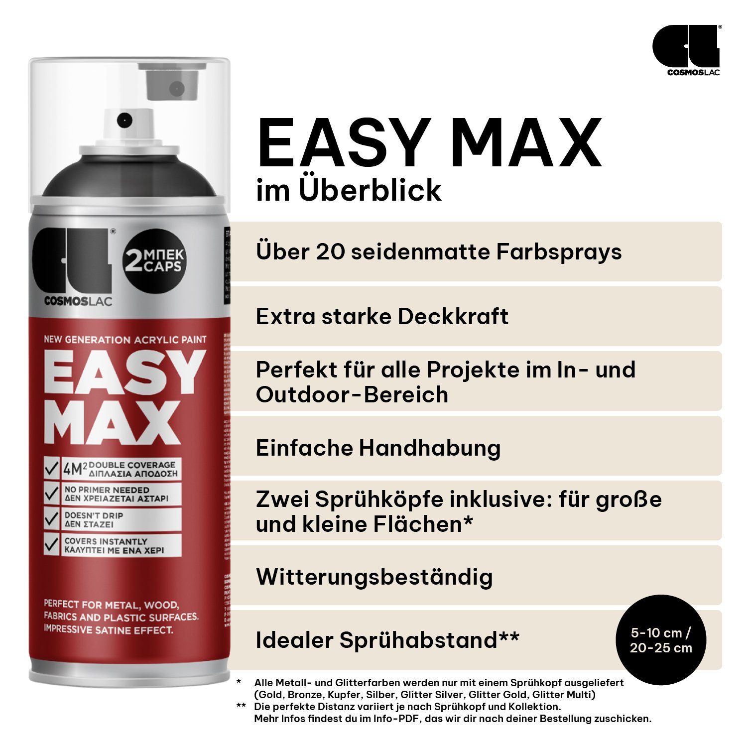 COSMOS LAC Sprühflasche EASYMAX Sprühlack matt mit extrem hoher Deckkraft in vielen versch. Farben - Spraydosen Sprühfarbe DIY Lack Acryllack Spray Paint Farbspray Sprühdose Lackspray, zwei Sprühkappen inkl.