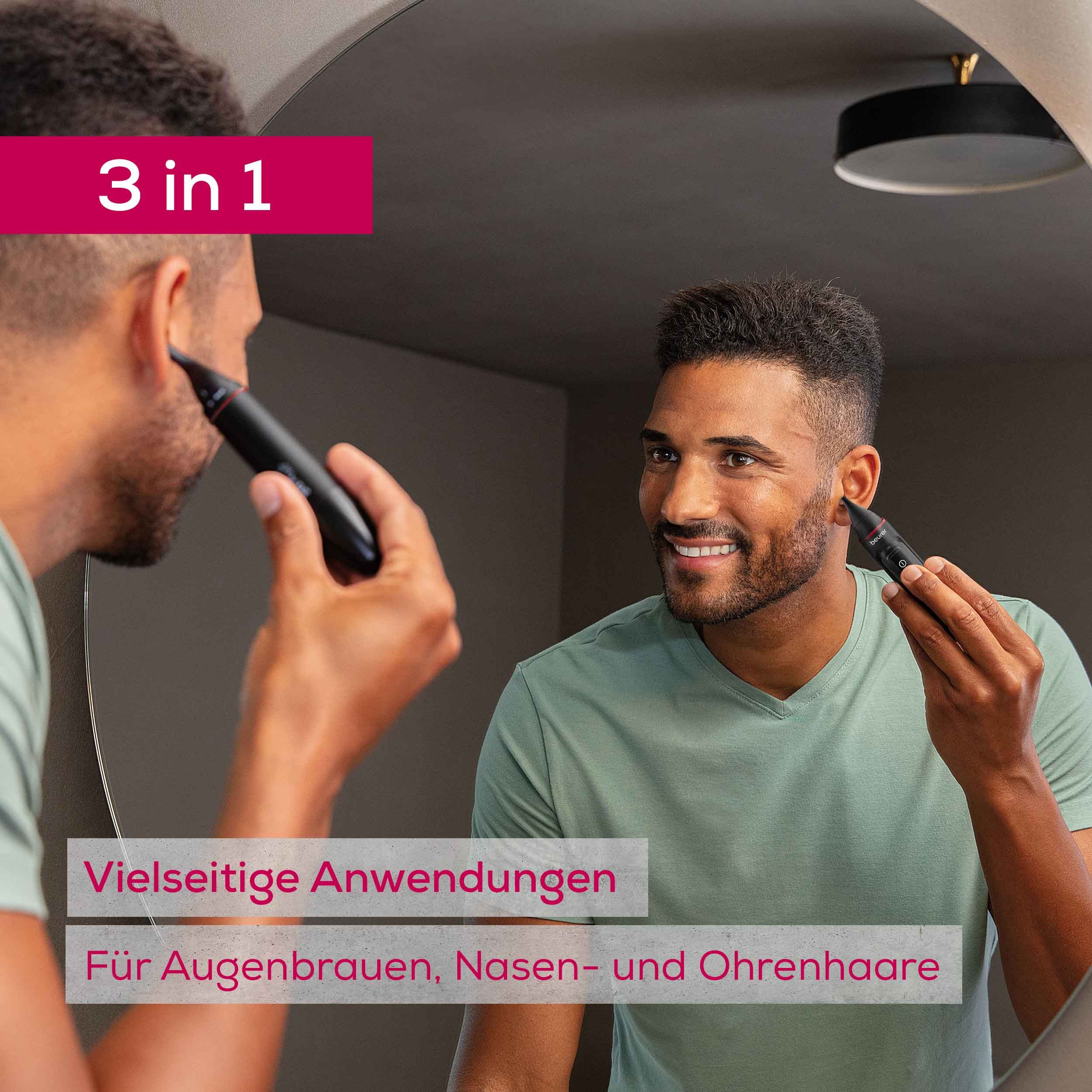 BEURER Nasen- und Ohrhaartrimmer MN3X, Präzisionstrimmer für Augenbrauen, Nasen- sowie Ohrhaare, Mit 2 Aufsätzen und extra Kammaufsatz mit 3 und 6 mm