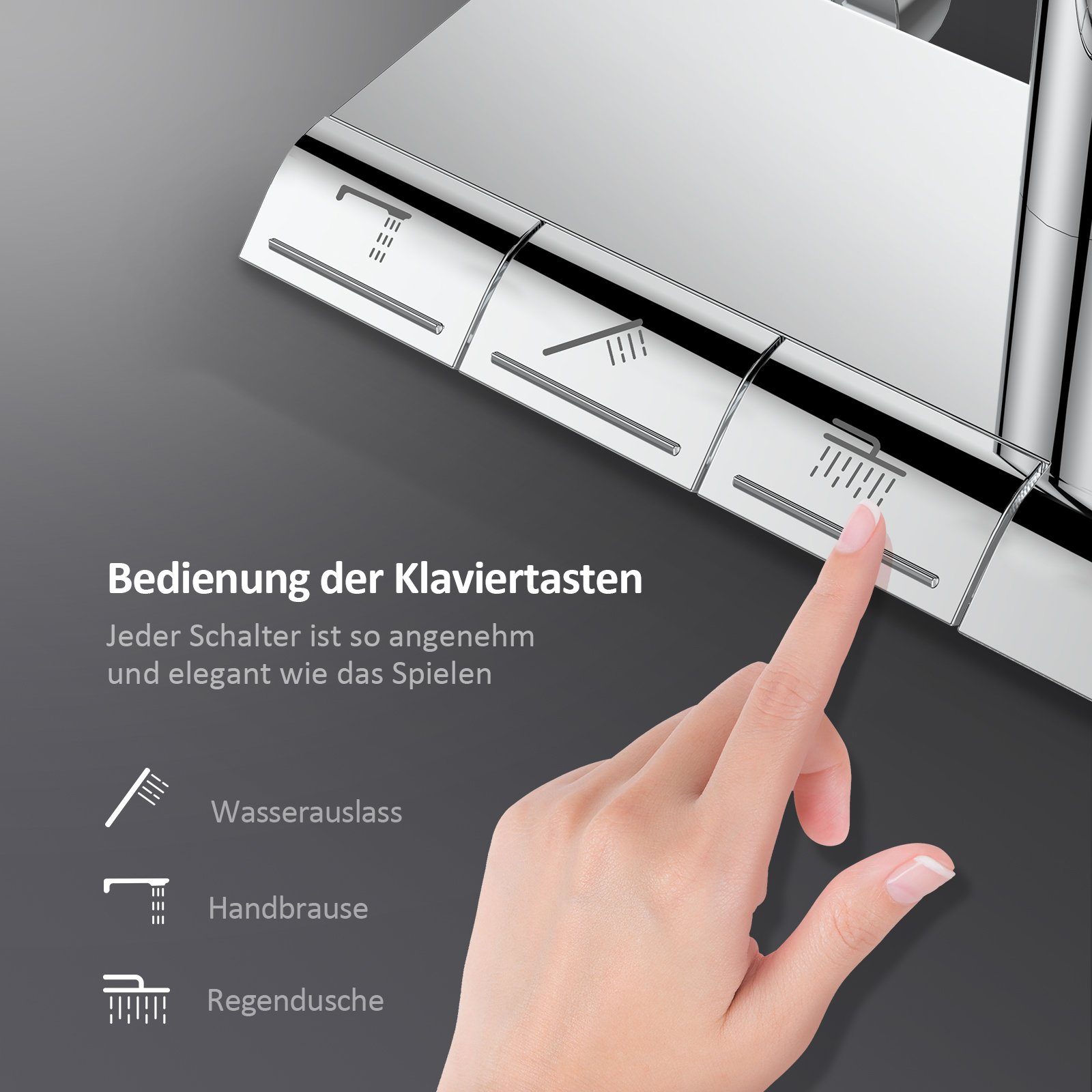 EMKE Duschsystem Thermostat Duschset,Duschsäule Set mit Regal mit Überkopfbrause, Handbrause mit 3 Strahlstärken, Regendusche, Chrom