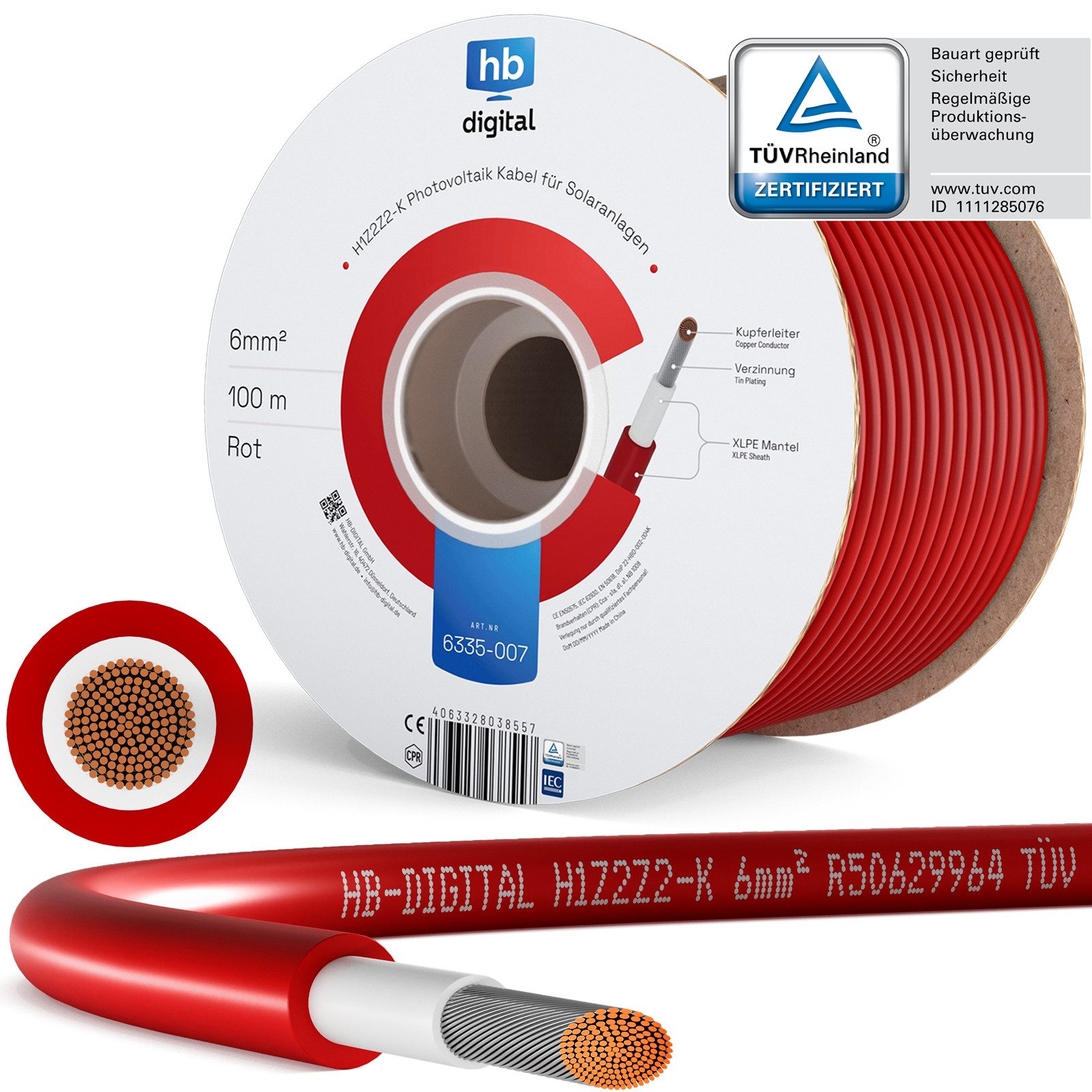 HB-DIGITAL Solarkabel 6mm2 Solarleitung H1Z2Z2-K Photovoltaik PV Kabel Solarkabel, Solarstecker, (10000 cm), TÜV Rheinland zertifizierte PV Kabel