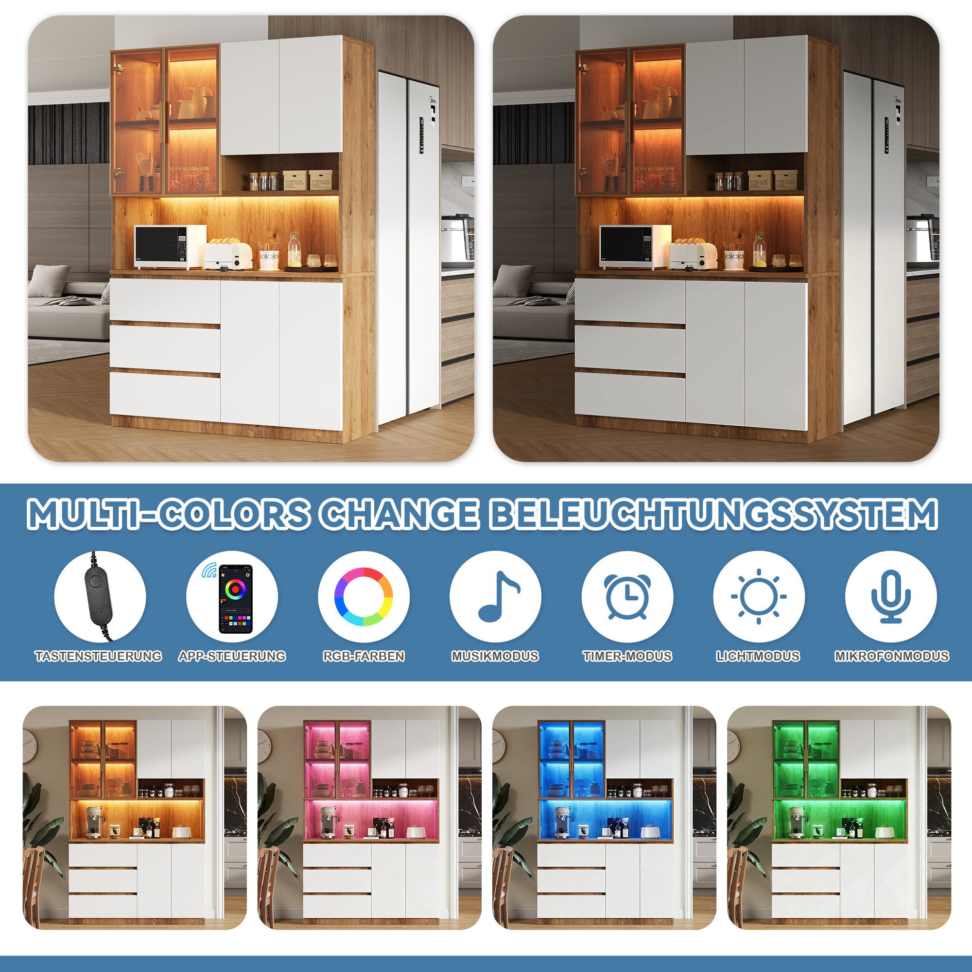 Celya Küchenbuffet Küchenschränke, Küchenvitrinen mit LED-Beleuchtung (mit 3 Schubladen, 6 Türen und Ablagebrettern) ideal für den täglichen Einsatz in Küche, Esszimmer oder Wohnbereich