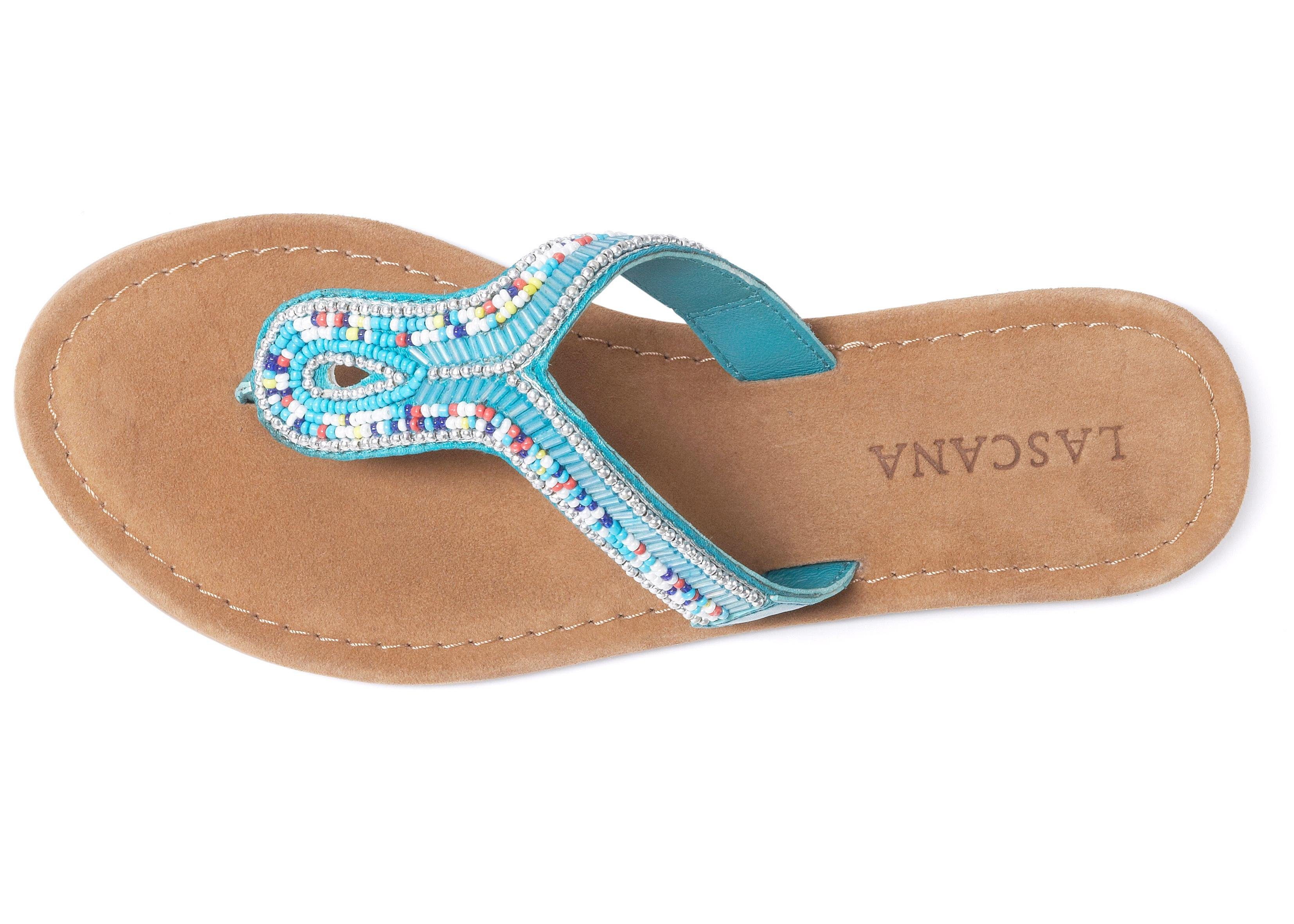 LASCANA Sommerschuh, offener Schuh, Pantolette, Sandale, Zehentrenner aus Leder mit Zierperlen