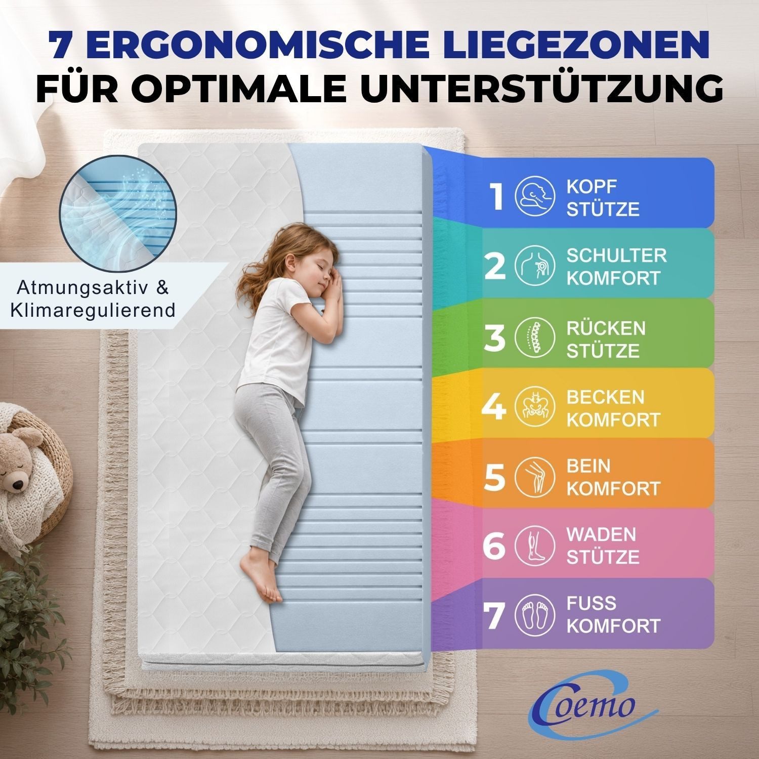 Komfortschaummatratze, Coemo, 16 cm hoch, Kindermatratze Wendematratze Härtegrad H1 / H2, 15 cm, Bezug waschbar