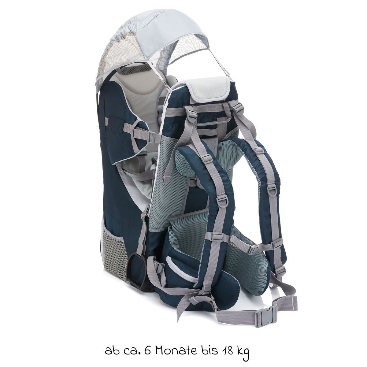 Fillikid Babytrage Blau, Rückentrage für Baby & Kleinkind mit Sonnenschutz, Kraxe zum Wandern