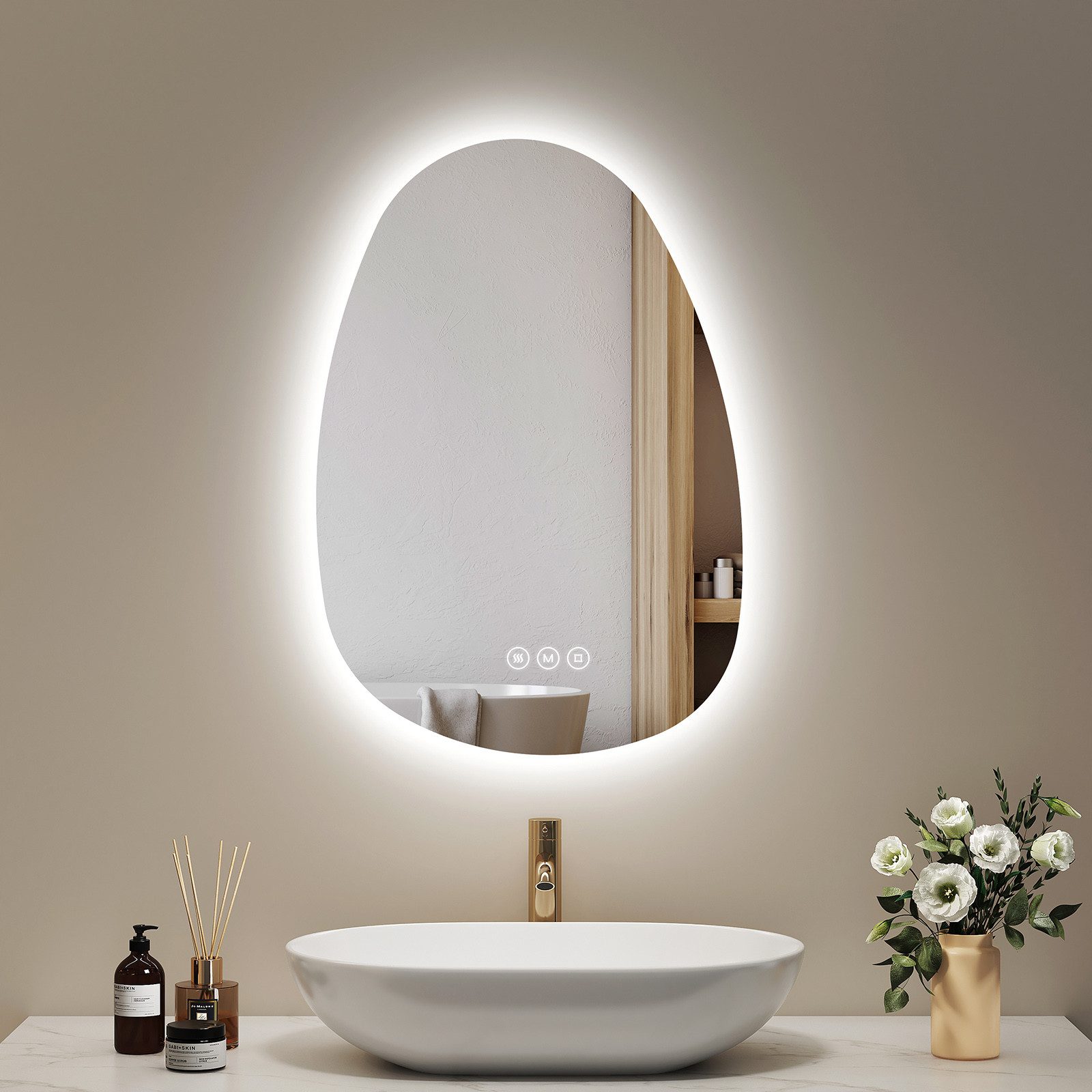 EMKE Badspiegel mit Beleuchtung Wandspiegel asymmetrisch Lichtspiegel (Kies günstig online kaufen