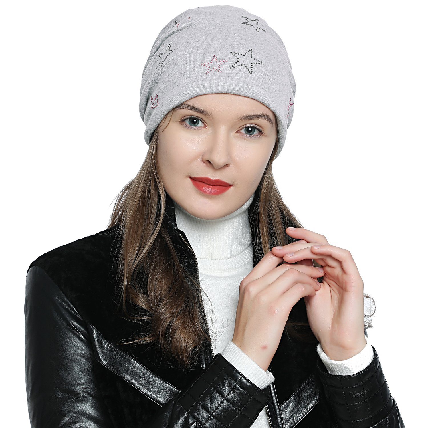 Slouch Beanie Strass- 1-St) Damen DonDon Wintermütze, mit Beanie Teddyfleece (Packung, Sternenprint, Pailletten-, rosa-hellgrau mit Print oder