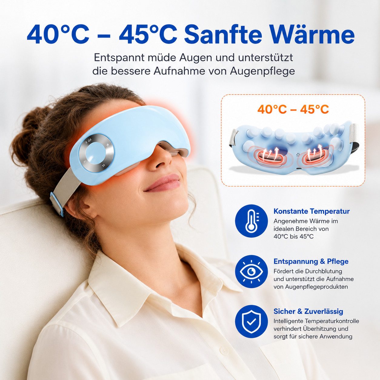 Toomoke Massagegerät Augenmassagegerät mit Wärme, Vibration & Luftdruck, 4 Modi, 1200mAh Akku, Wiederaufladbar für Zuhause und Büro, Elektrische Augenmaske mit  – Bild 4 von 5
