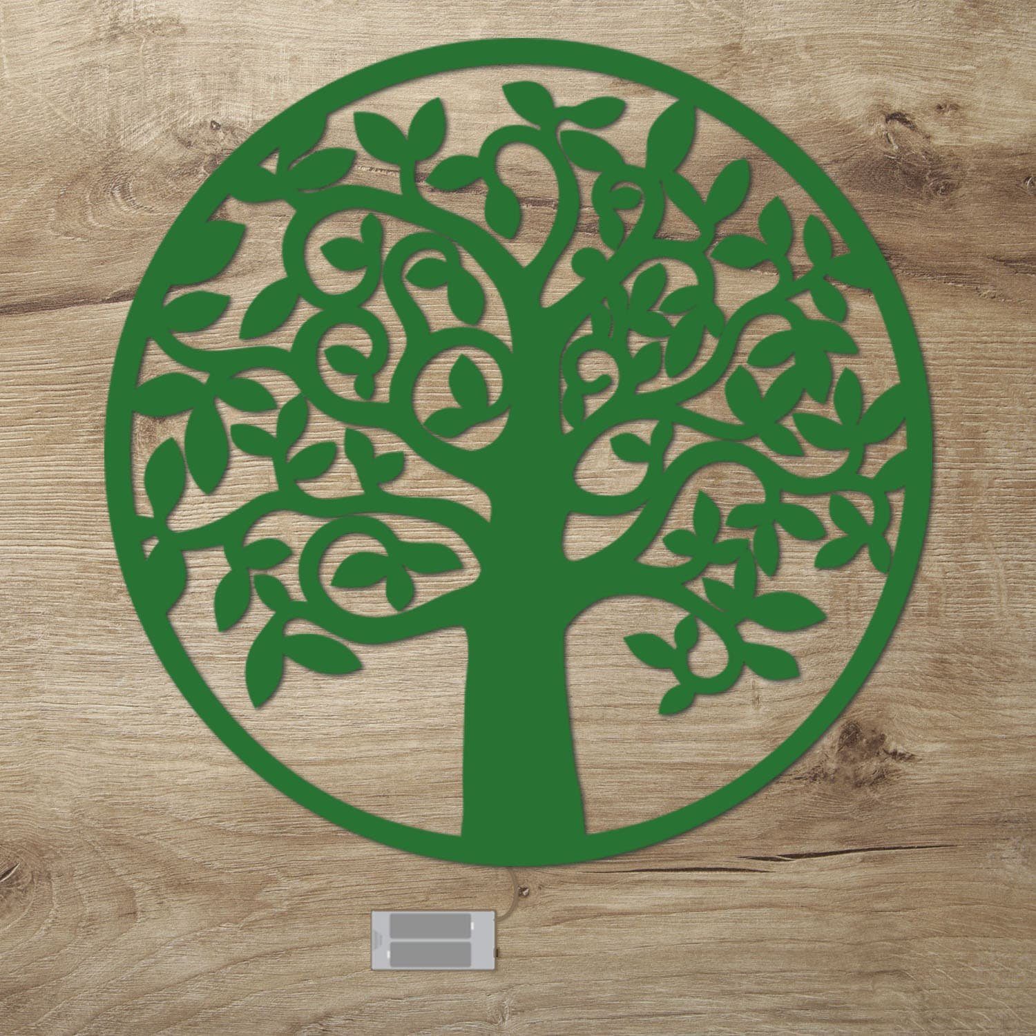 Namofactur LED Wandleuchte Baum - Dekoobjekt aus Holz mit Baum-Motiv - Wand Deko Lampe, Ohne Zugschalter/Stern, LED fest integriert, Warmweiß, Wanddekoobjekt Wohnzimmer Leuchte batteriebetrieben Grün