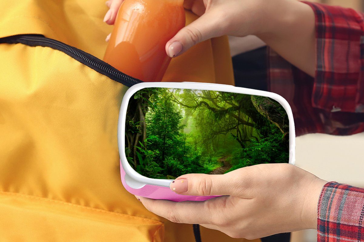 Kunststoff (2-tlg), - Lunchbox MuchoWow rosa - Dschungel - Brotbox Kunststoff, - Grün, Erwachsene, Sonne Tropisch Kinder, für Snackbox, Mädchen, Brotdose Landschaft