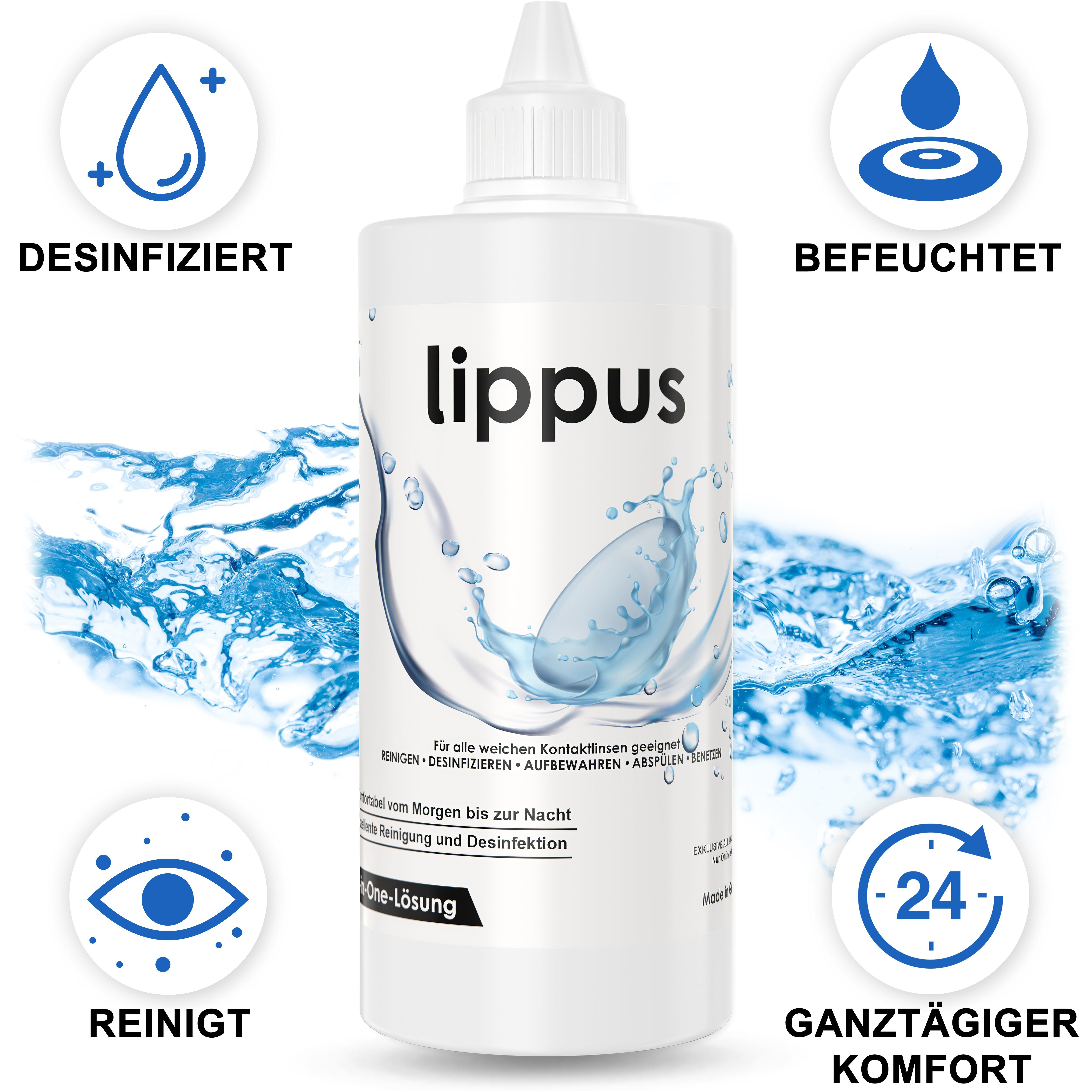 lippus Kontaktlinsenflüssigkeit PREMIUM All-In-One Kontaktlinsen Fluessigkeit – Made in Germany, Mit Kontaktlinsen Behälter - Reinigt & desinfiziert, Geeignet für weiche Linsen, sowie Wochen- und Monatslinsen