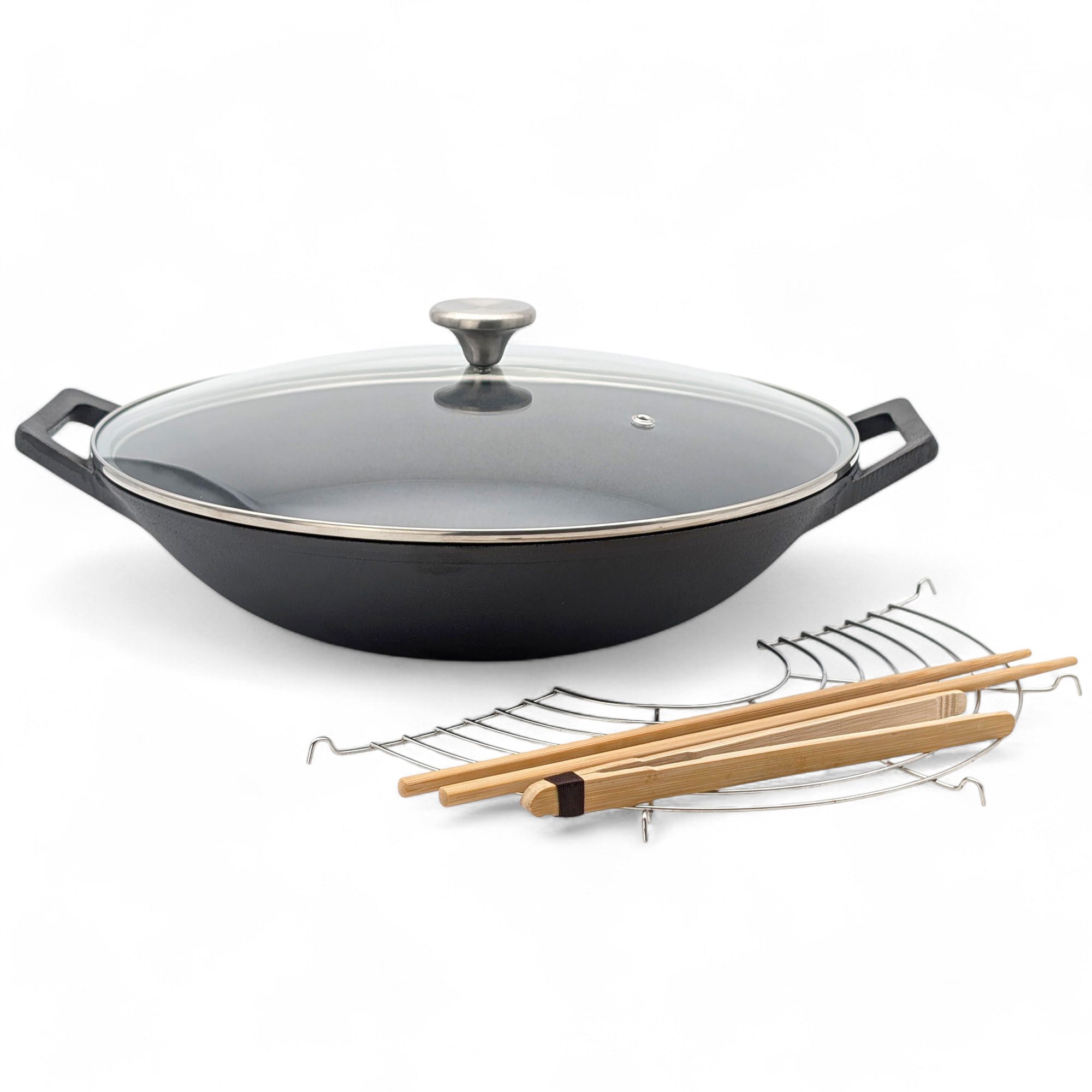 Bratpfanne osoltus Wok Gusseisen mit Zubehör Wok-Set mit Deckel 36cm