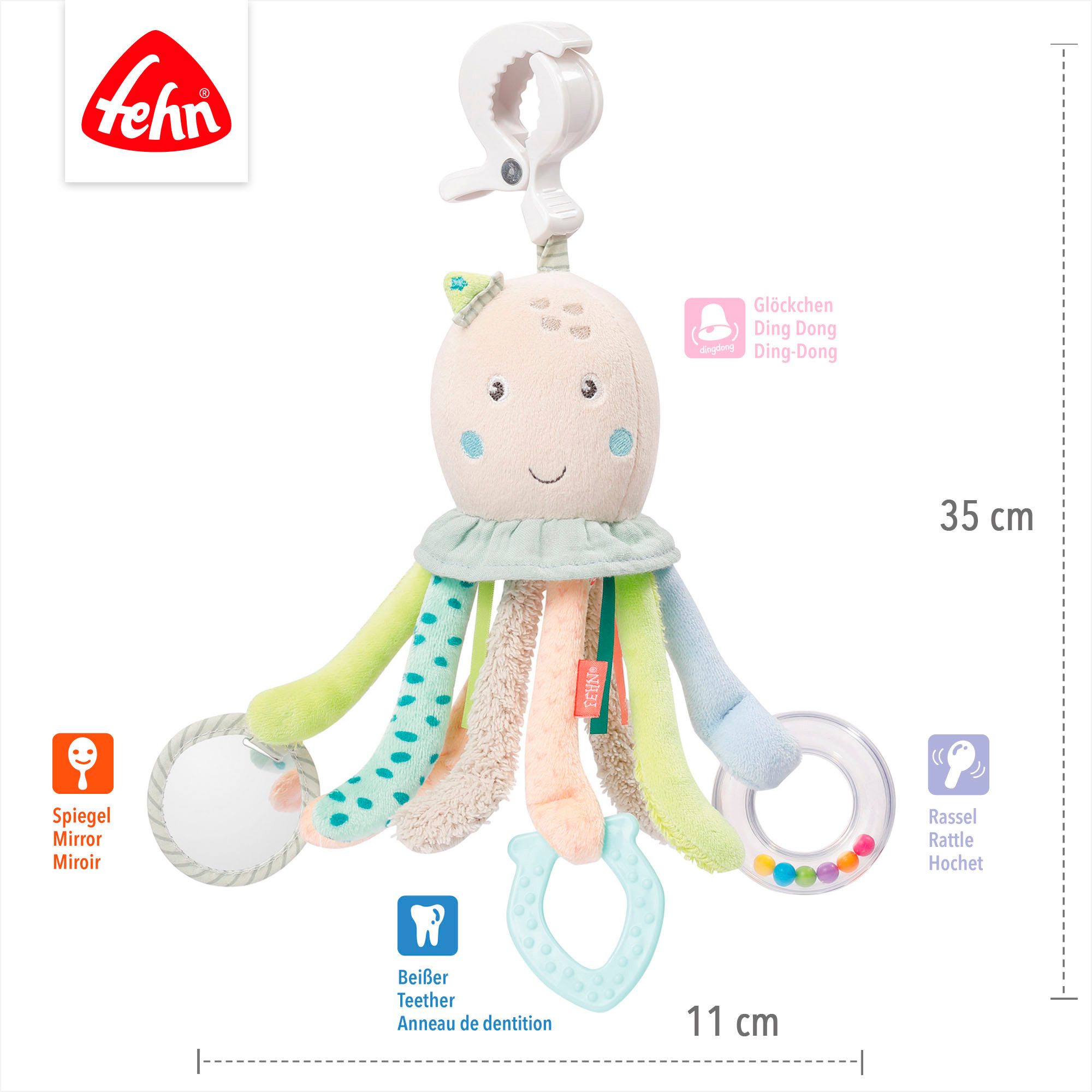 Fehn Greifspielzeug Meereskinder, Activity-Oktopus, zur Befestigung an Kinderwagen, Babyschale oder Bett