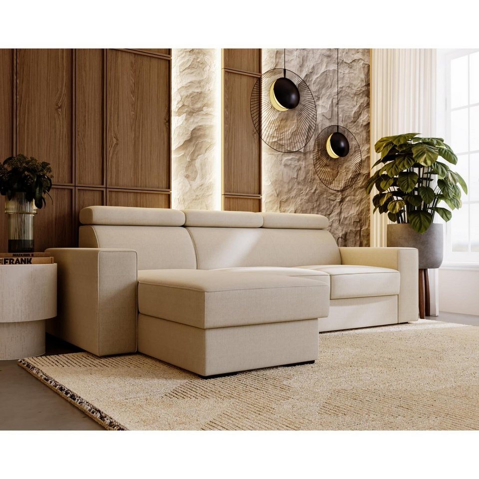 Beautysofa Ecksofa Roko, Beige Ecksofa aus Struktur-Bezug, Ecksofa mit  Schlaffunktion und Bettkasten, Wellenunterfederung, mit verstellbare  Kopfstützen, mit universelle Ottomane, mit Zierkissen