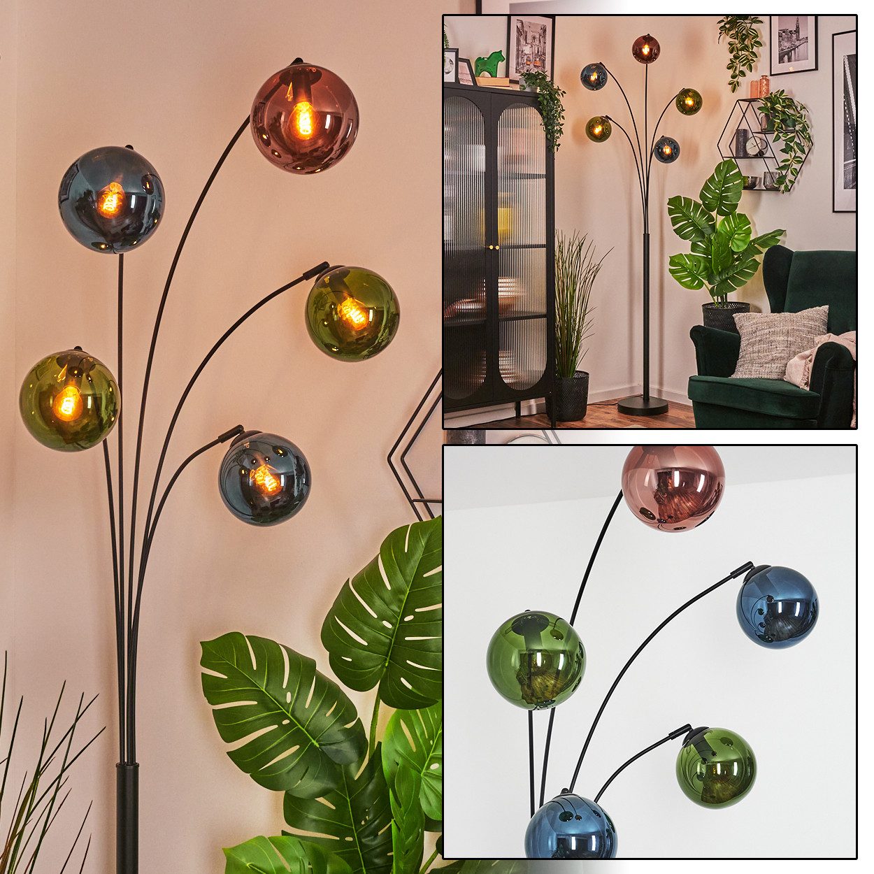 hofstein Stehlampe Stehlampe aus Metall/Glas in Schwarz/Grün/Blau/Kupferfarben, ohne Leuchtmittel, verstellbare Stehleuchte im Vintage-Design, Fußschalter, 210 cm, 5xE14