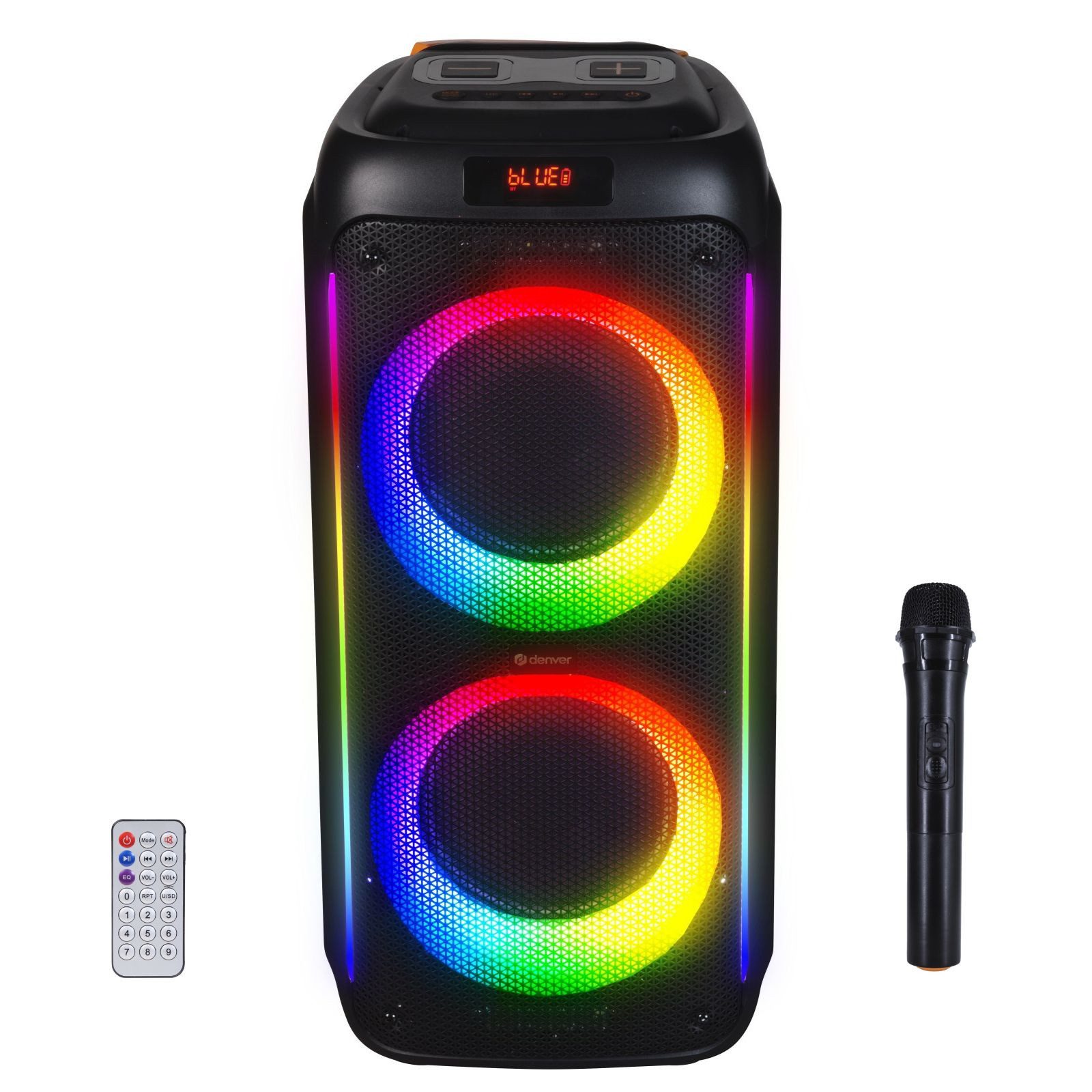 Denver BPS-458 Akku Bluetooth-Partylautsprecher LED-Lichteffekte Mikrofon Party-Lautsprecher (100 W, 1.000W(100W RMS), Rollen, Griff, LED-Beleuchtung, TWS-Pairing möglich)