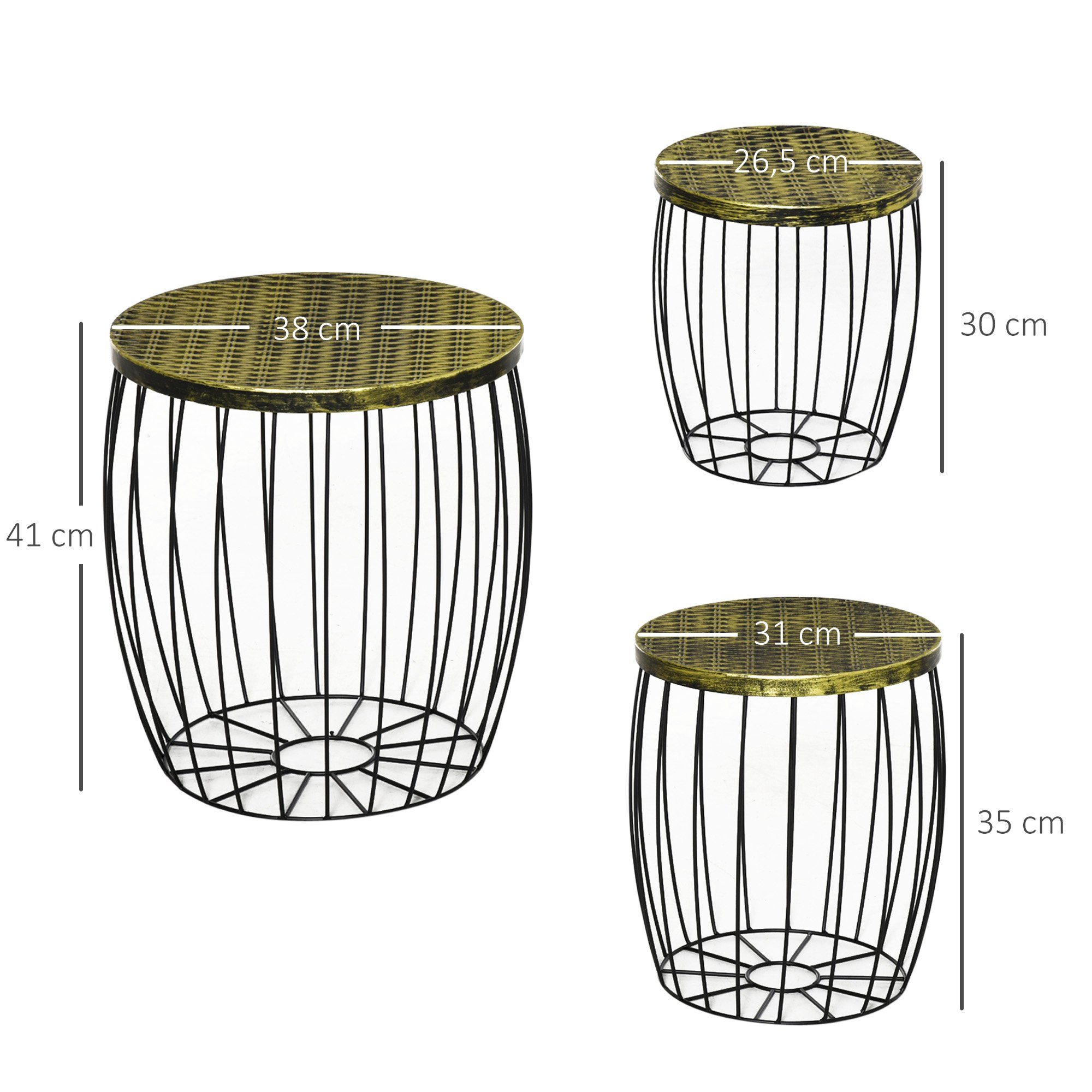 Outsunny Gartentisch Retro Metallkorb Drahtkorb Garten Satztisch Gartenmöbel Outdoor Balkon (Couchtische, 3-St., Beistelltische), Metall, Natur+Schwarz, 3 Größen