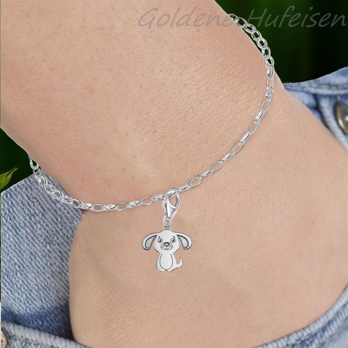 Goldene Hufeisen Charm-Einhänger Hund Karabiner Charm Anhänger für Bettelarmband 925 Silber (inkl. Etui), für Gliederarmband oder Halskette