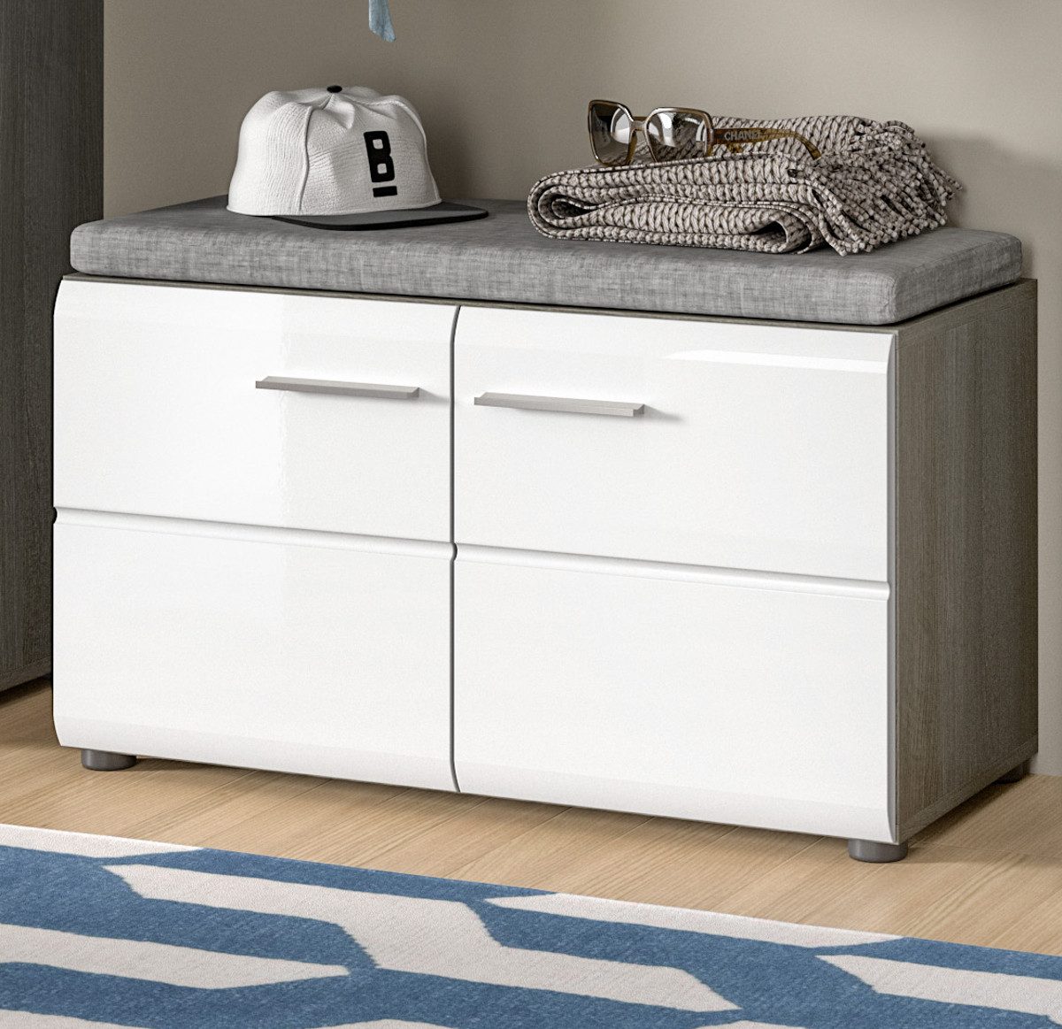 Inn.Furn Schuhbank Rumba (Garderobenbank in Weiß Hochglanz und Grau, 2-türig, 80 x 44 cm), mit 4 Fächern