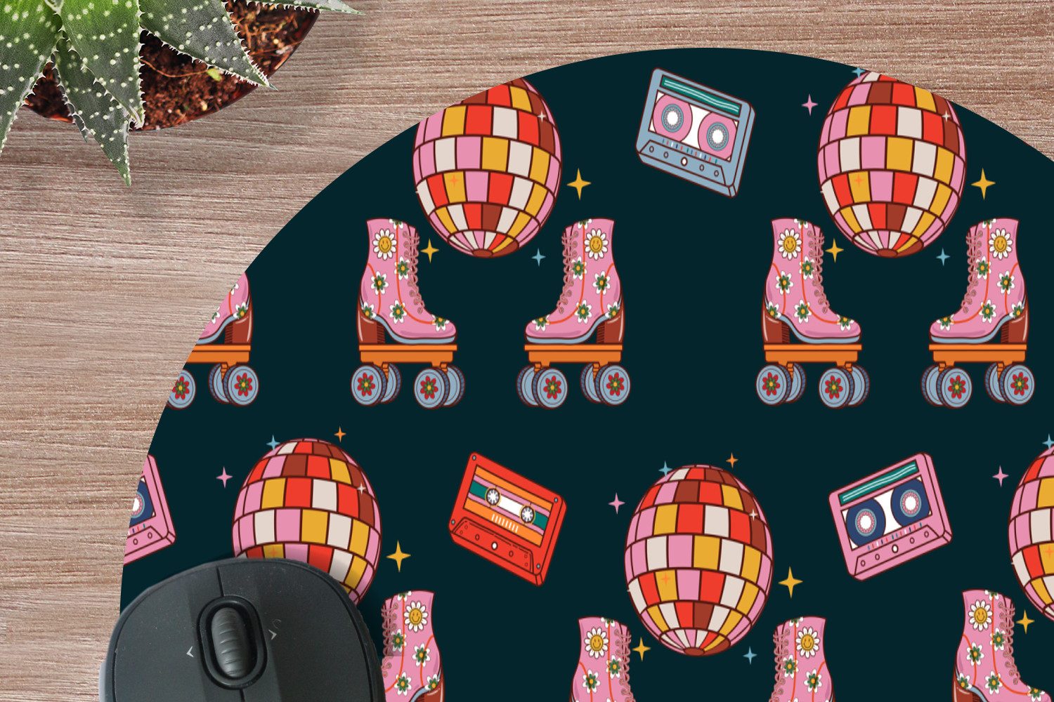 MuchoWow Mauspad Rollerskates - Muster - Disco (1-St), Mousepad mit Rutschfester Unterseite, Gaming, Rund, 40x40 cm