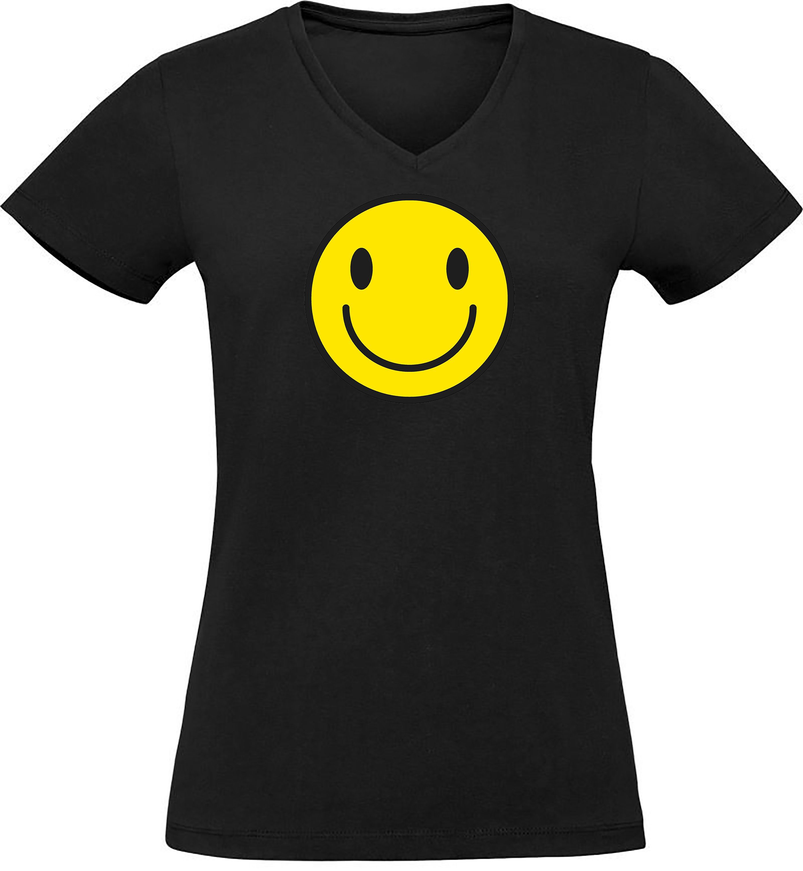 MyDesign24 T-Shirt - Smiley Print Lächelnder schwarz Fit, Shirt V-Ausschnitt mit Slim Damen i281 Aufdruck Smiley Baumwollshirt