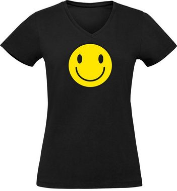 MyDesign24 T-Shirt Damen Smiley Print Shirt - Lächelnder Smiley V-Ausschnitt Baumwollshirt mit Aufdruck Slim Fit, i281