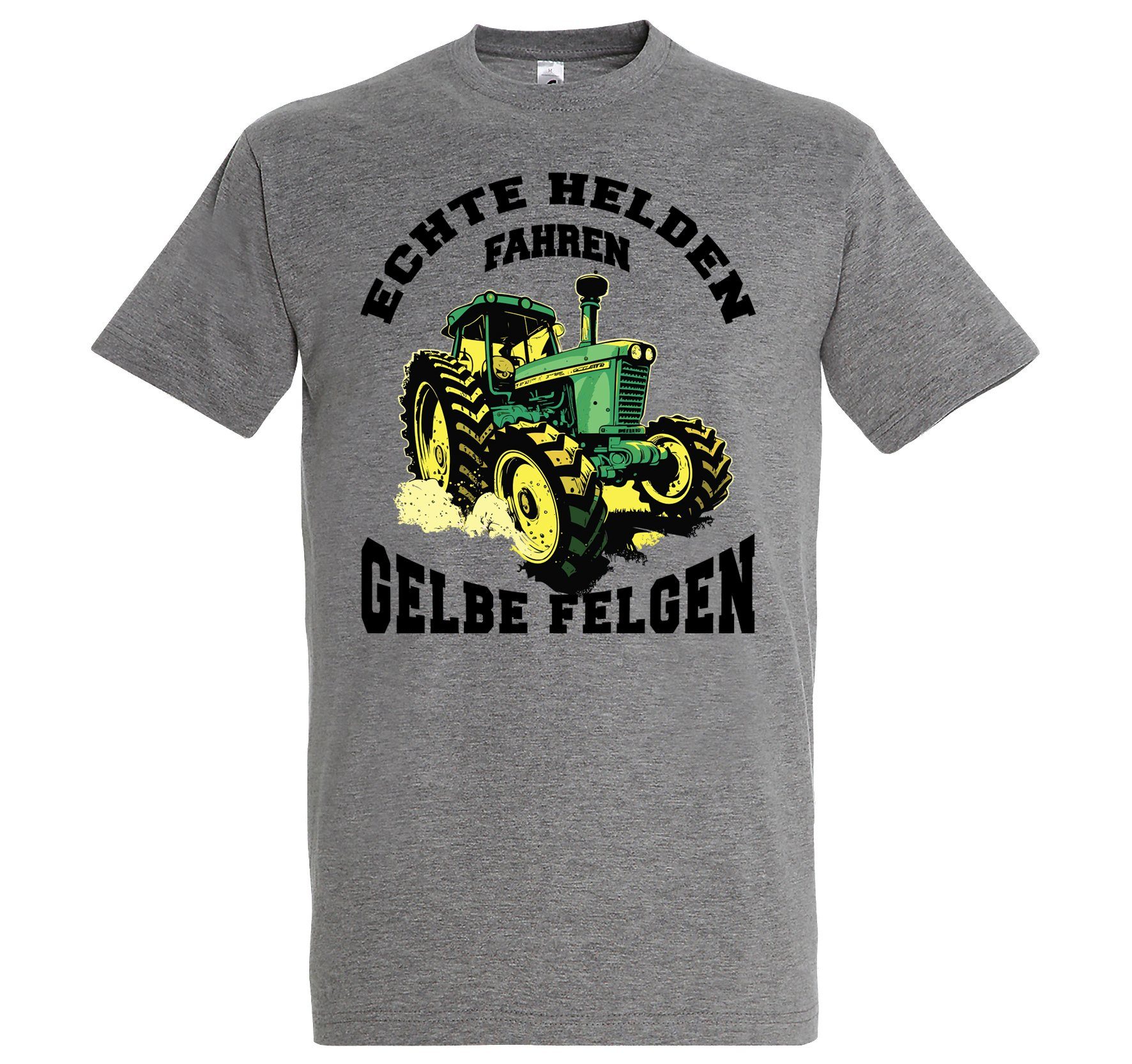 Youth Designz Print-Shirt "Echte Helden fahren gelbe Felgen" Herren T-Shirt mit lustigem Spruch Grau