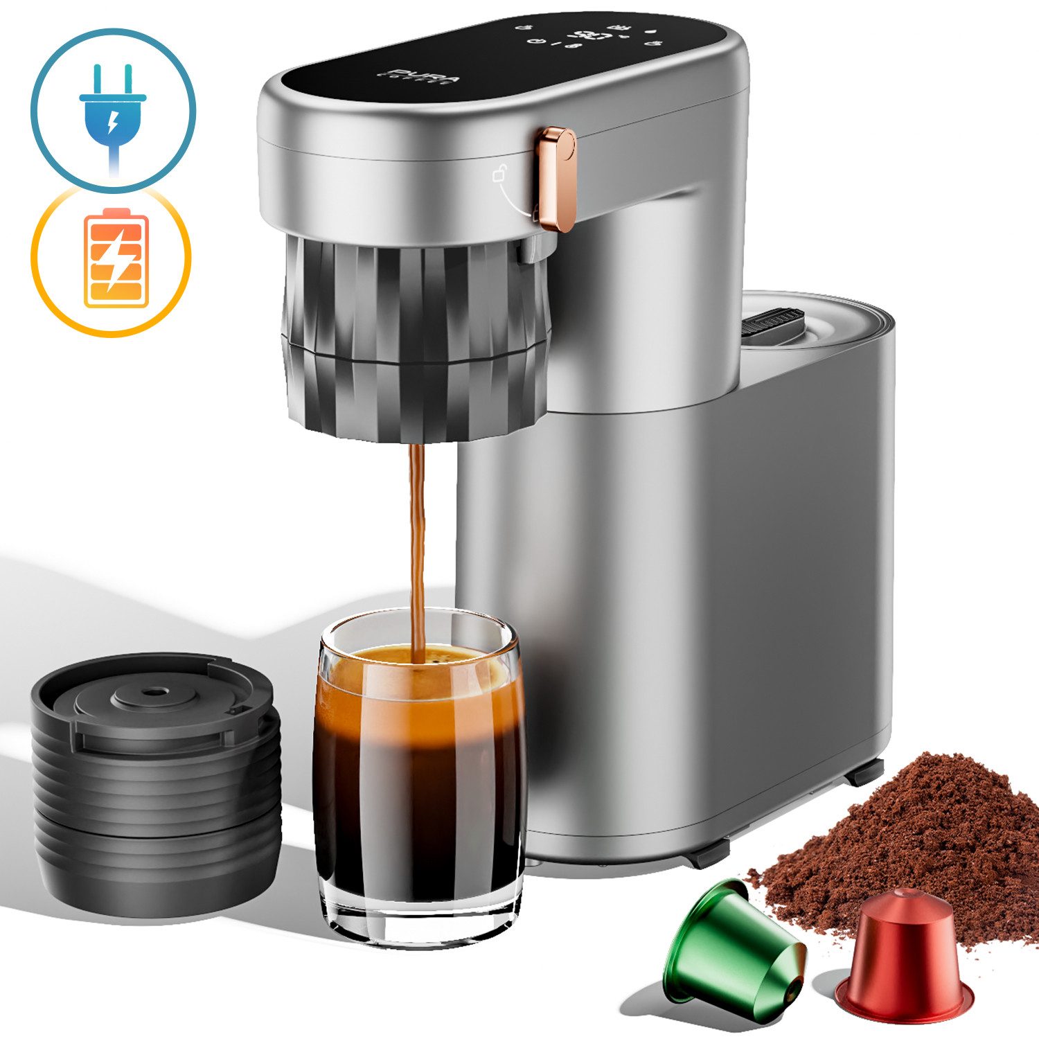 PURA COFFEE Espressomaschine C1 Pro, Mini Kaffeemaschine mit Sofortheizung Kompatibel mit Nespresso Kapseln und gemahlenem Kaffee, 3-Sekunden Heißaufheizung, 20Bar